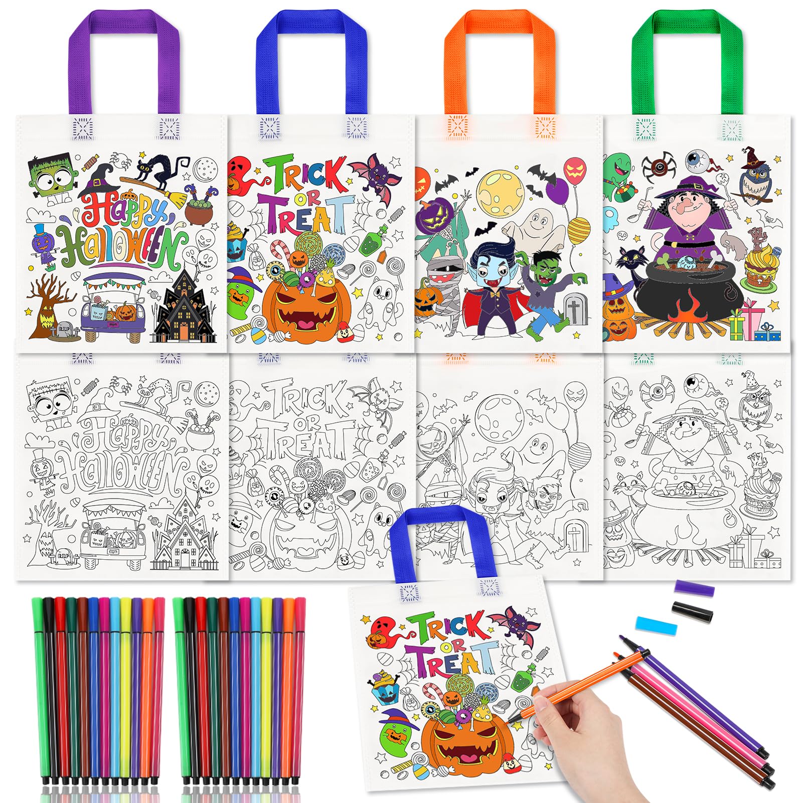 Vincreem 54 Pcs Halloween Coloring Goodie Bags With 60 Markers - Non-Woven Reusable DIY Treat Bags For Kids Party