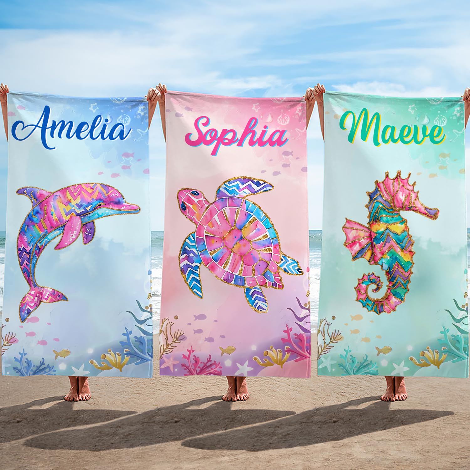 callie Personalized Beach Towel with Name Custom Watercolor Ocean Animals on Quick Dry 31 5 63 Beach Towels