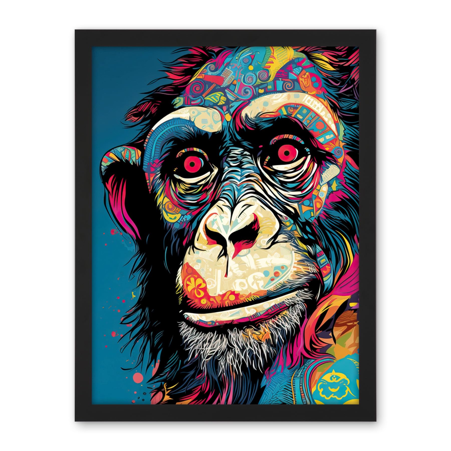 Artery8 Chimpanzee Acrylic Painting Vibrant Psychedelic Pattern Portrait Modern Artwork Framed Wall Art Print 18X24 Inch