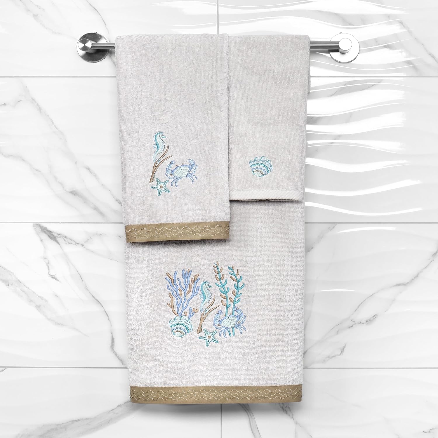 Wonder 2-Piece Bath Towel Set, Embroidered Canvas Border, Superior Turkish Cotton, Ultra Absorbent, Nautical Bathroom Upgrade, 2 Bath Towels, Silver
