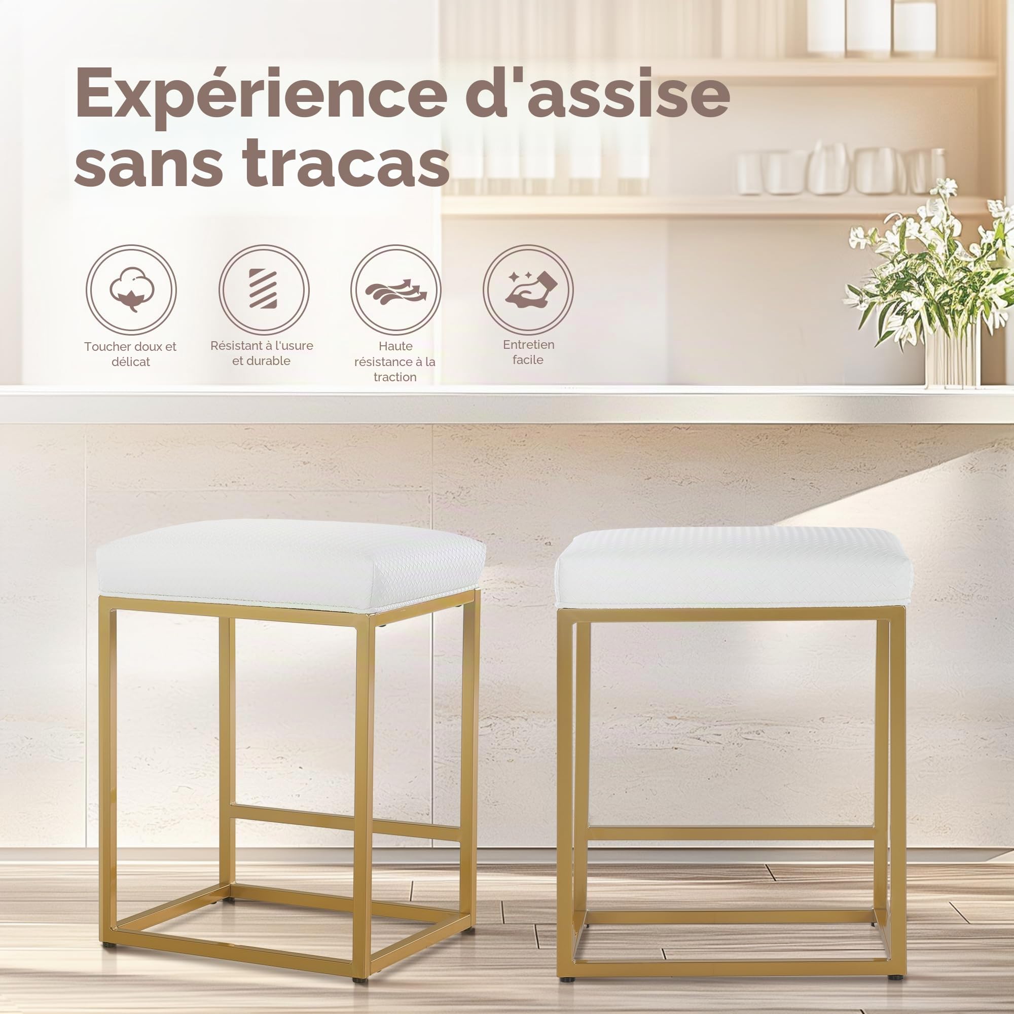 ALPHA HOME Tabouret de bar, hauteur de comptoir avec repose-pieds, chaise de bar pour petit déjeuner en cuir PU sans dossier, chaise de cuisine, de salle à manger, de café pour intérieur et extérieur
