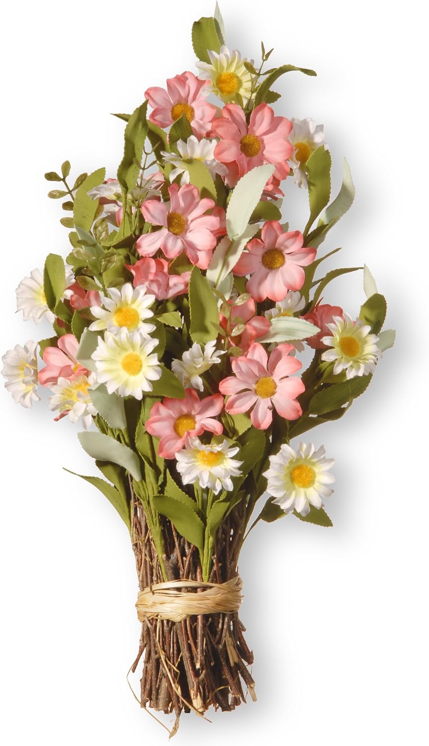 National Tree Company Artificial Floral Bouquet, Woven Branch Base, Decorated with Pink and White Daisy Flowers, Spring Collection, 16 Inches