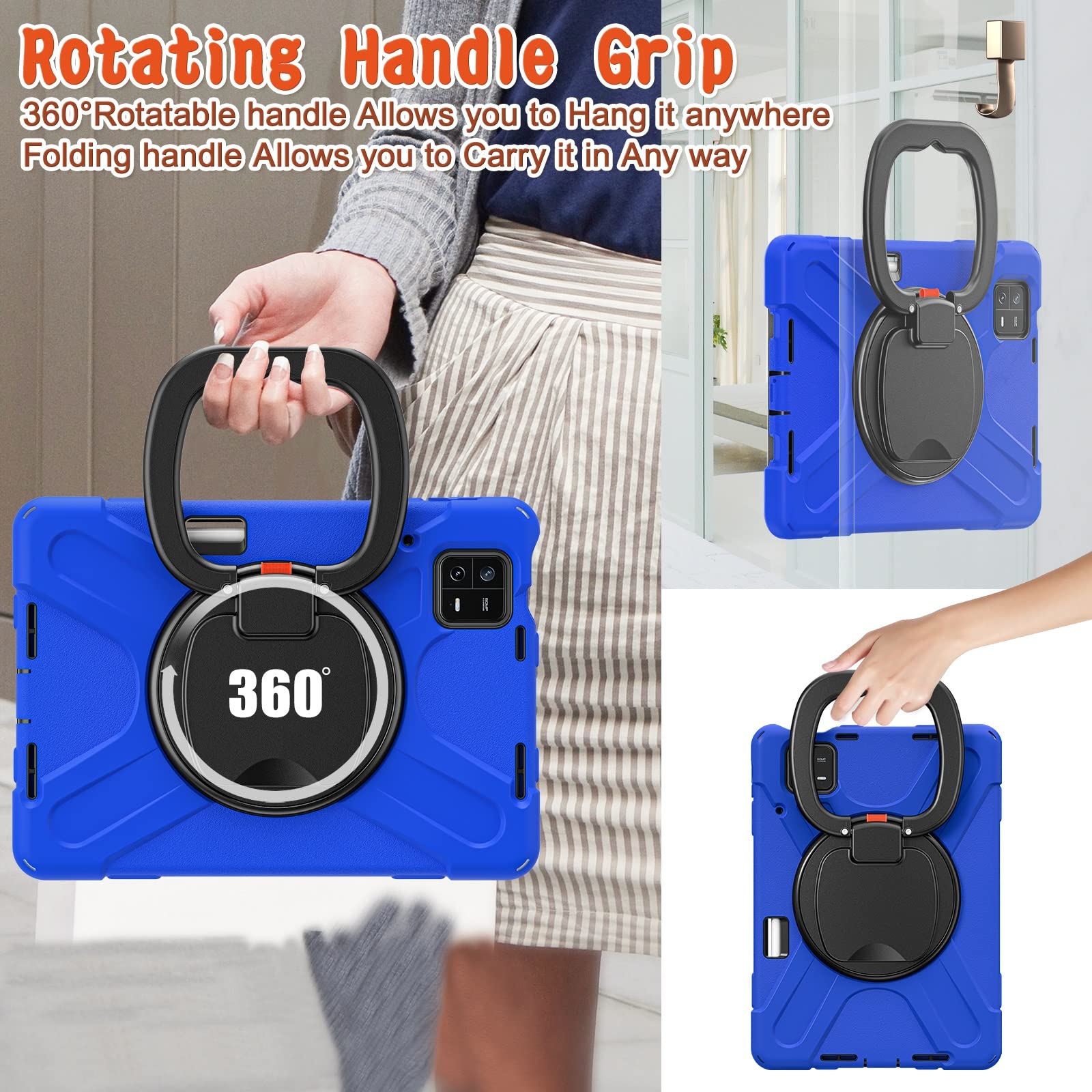 Coque Compatible avec Xiaomi Pad 6/Pad 6 Pro 11 Pouces (Version 2023), Coque Robuste en TPU Antichoc for Enfants, Support Multifonction Rotatif à 360 degrés et bandoulière(Blu)