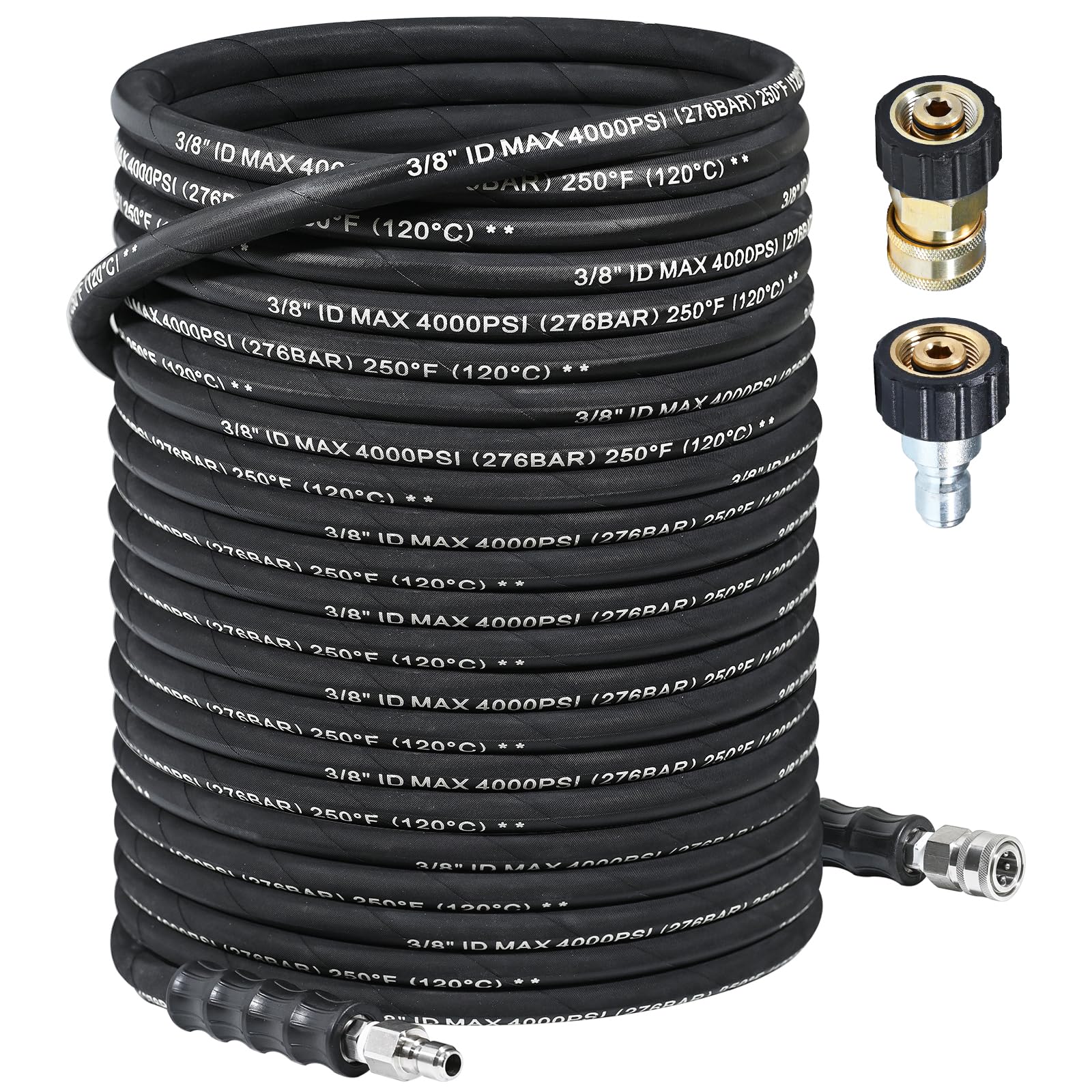3/8" Pressure Washer Hose 150 FT, Hot and Cold Water Max 250°F Kink Resistant Power Washer Hose with Swivel 3/8" Quick Connect and M22-14mm Adapters, 4000 PSI, Steel Wire Braided Rubber Jacket