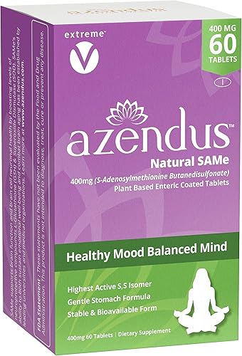Azendus SAM-e - Soporte para el estado de ánimo, 400 mg, 60 unidades, tabletas con revestimiento entérico de fibra de butanodisulfonato