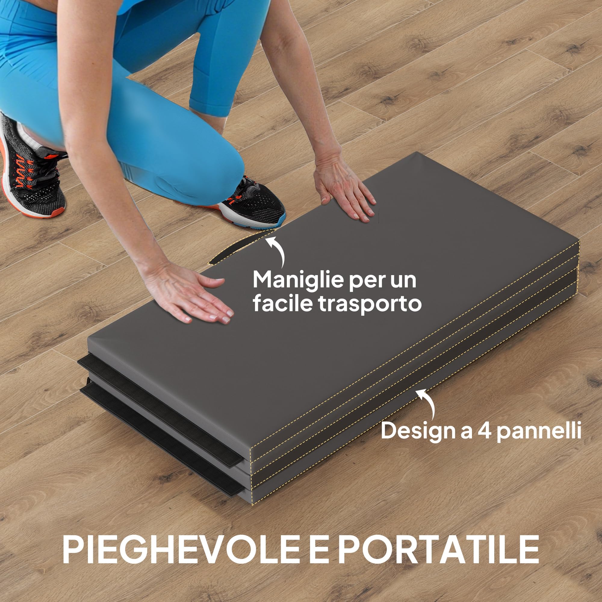 HOMCOM Tappetino da Ginnastica Pieghevole, Materassino Fitness Spesso 5 cm e Antiscivolo, Tappeto da Palestra Salvaspazio con Maniglia per Yoga e Pilates, Grigio
