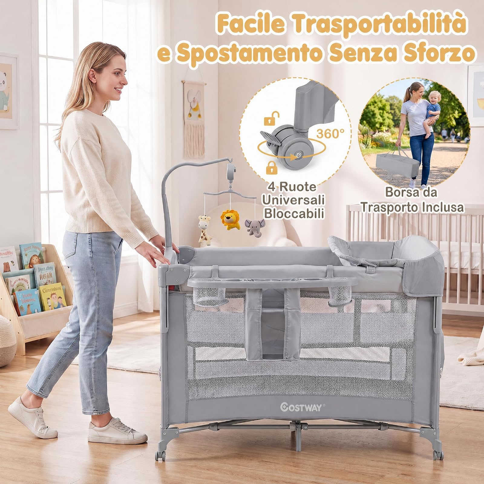 COSTWAY 5 in 1 Culla Co-sleeping Pieghevole per Neonato con Ruote (Grigio) | Lettino da Affiancare Portatile con Fasciatoio, Meterasso, Giocattoli e Carillon, Altezza Regolabile, per Bambini 0-3 Anni