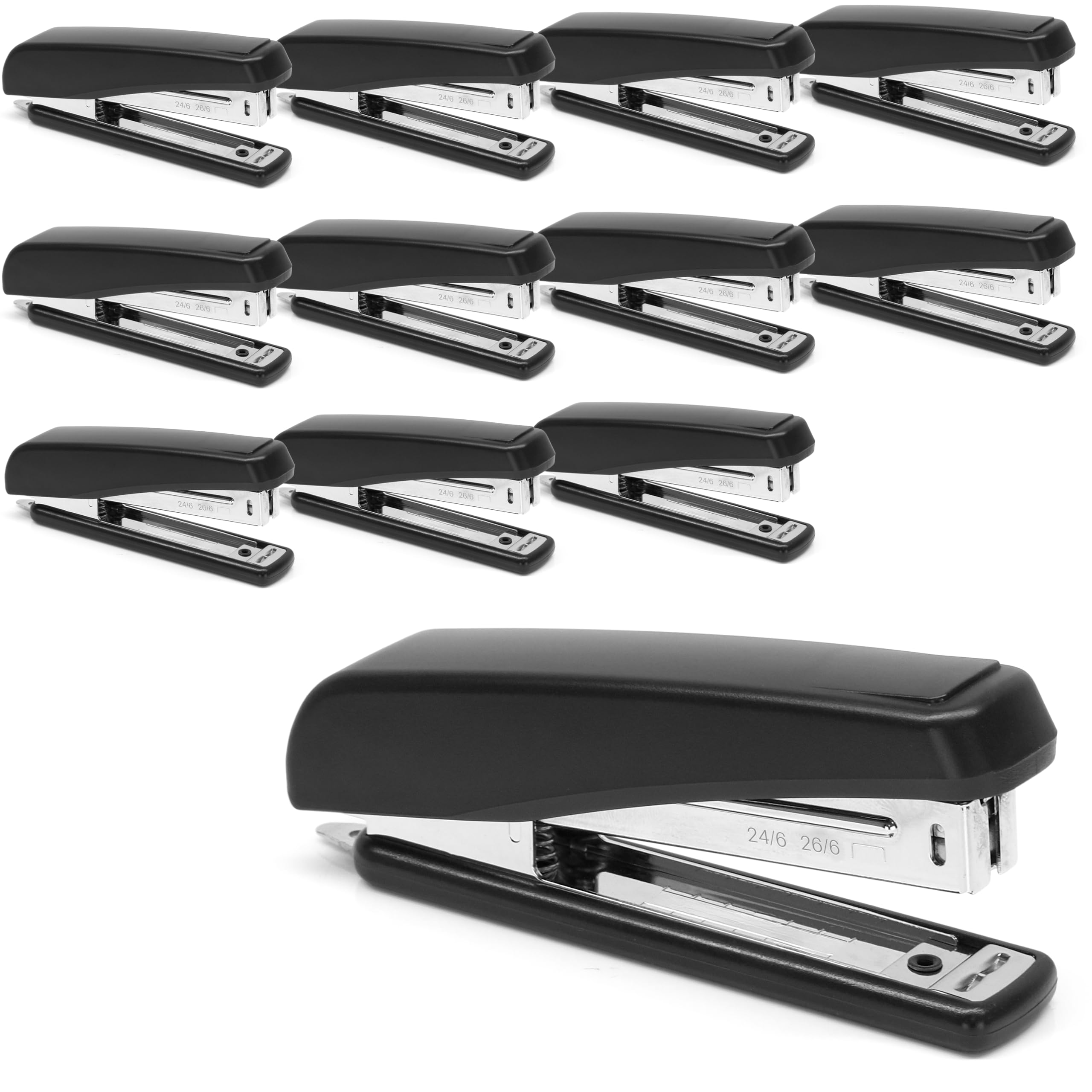 Set di 12 pinzatrici da scrivania per graffette 24/6 e 26/6, capacità 30 fogli, meccanismo 100% metallo, colore: nero
