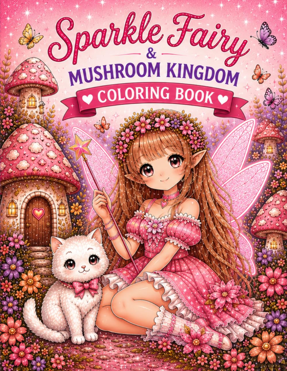 Sparkle Fairy & Mushroom Kingdom Coloring Book: Cute Anime Fairies, Cats, Butterflies & Magical Scenes for Relaxation