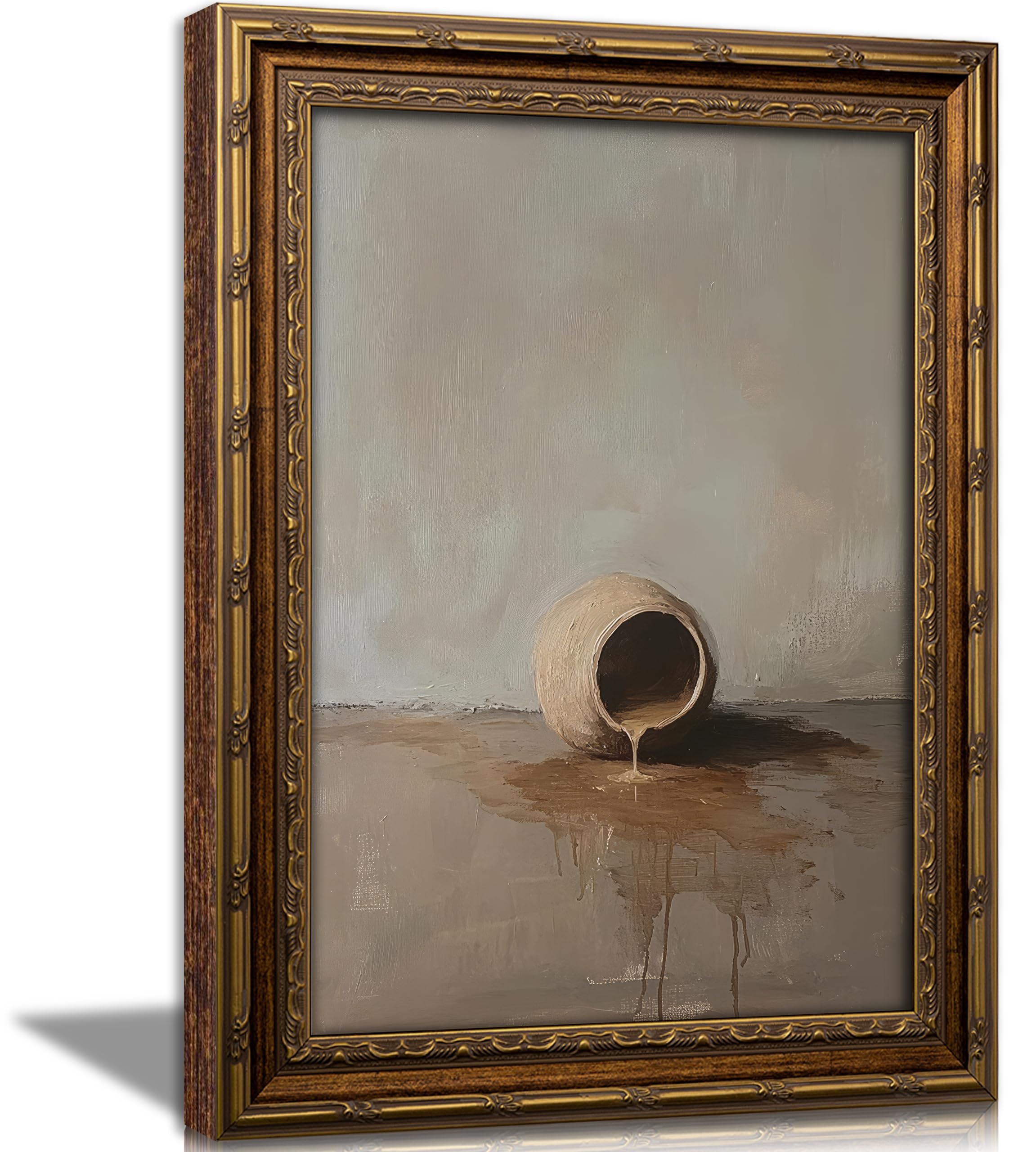 Vintage Gold Framed Christian Jar Still Life Wall Art, Mid Century Kitchen Alabaster Jar Canvas Prints, Mary Anoints Jesus Wall Decor, Retro Style Pottery Jar Poster Artwork for Church Prayer Room Home Decration, 12x16in