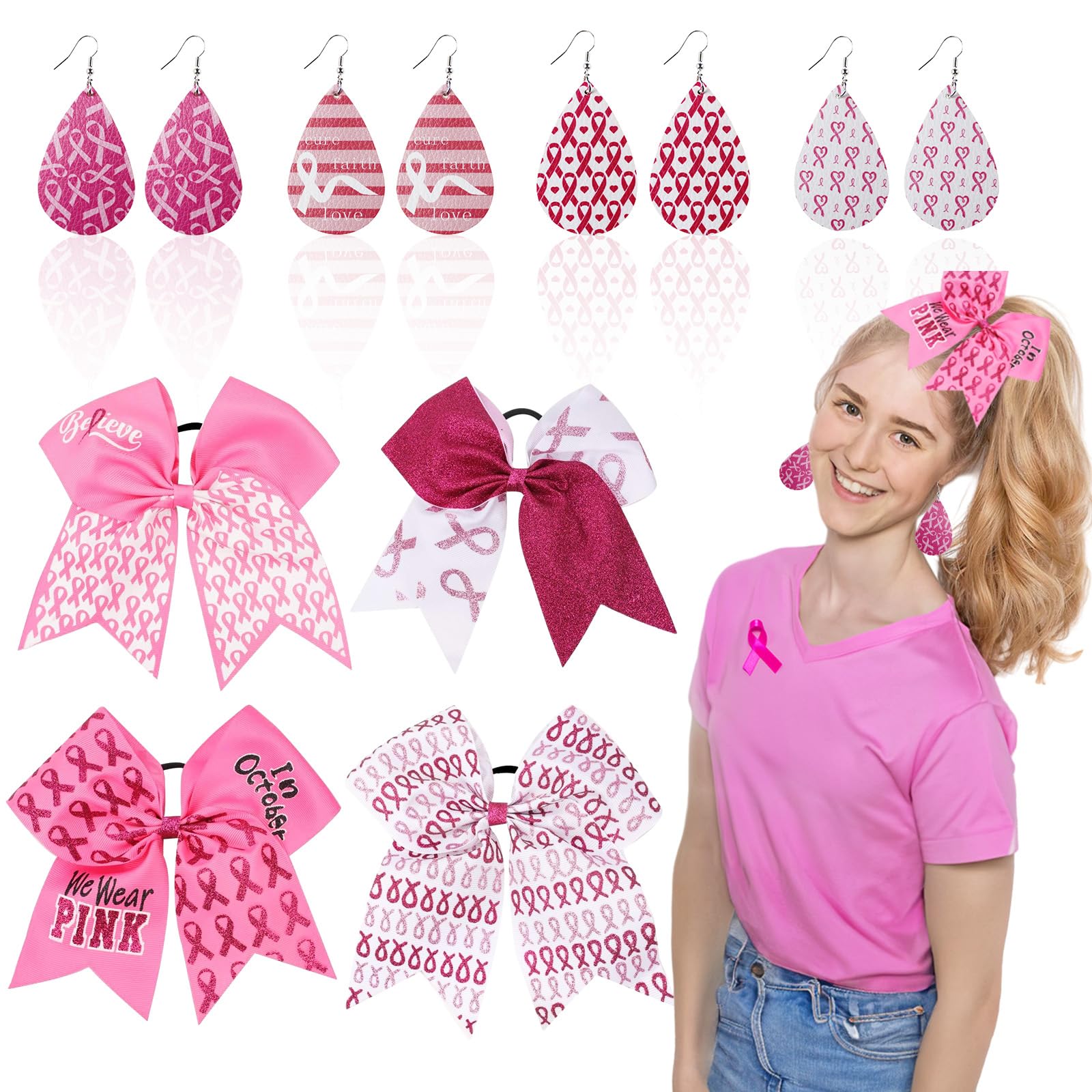 DPKOW 8Pcs Breast Cancer Awareness Accessories, Breast Cancer Earrings Pink Cheer Bows Hair Ties Football Cheerleader Bows Pink Ribbon Earrings for Women Girl Breast Cancer Awareness Month Favor