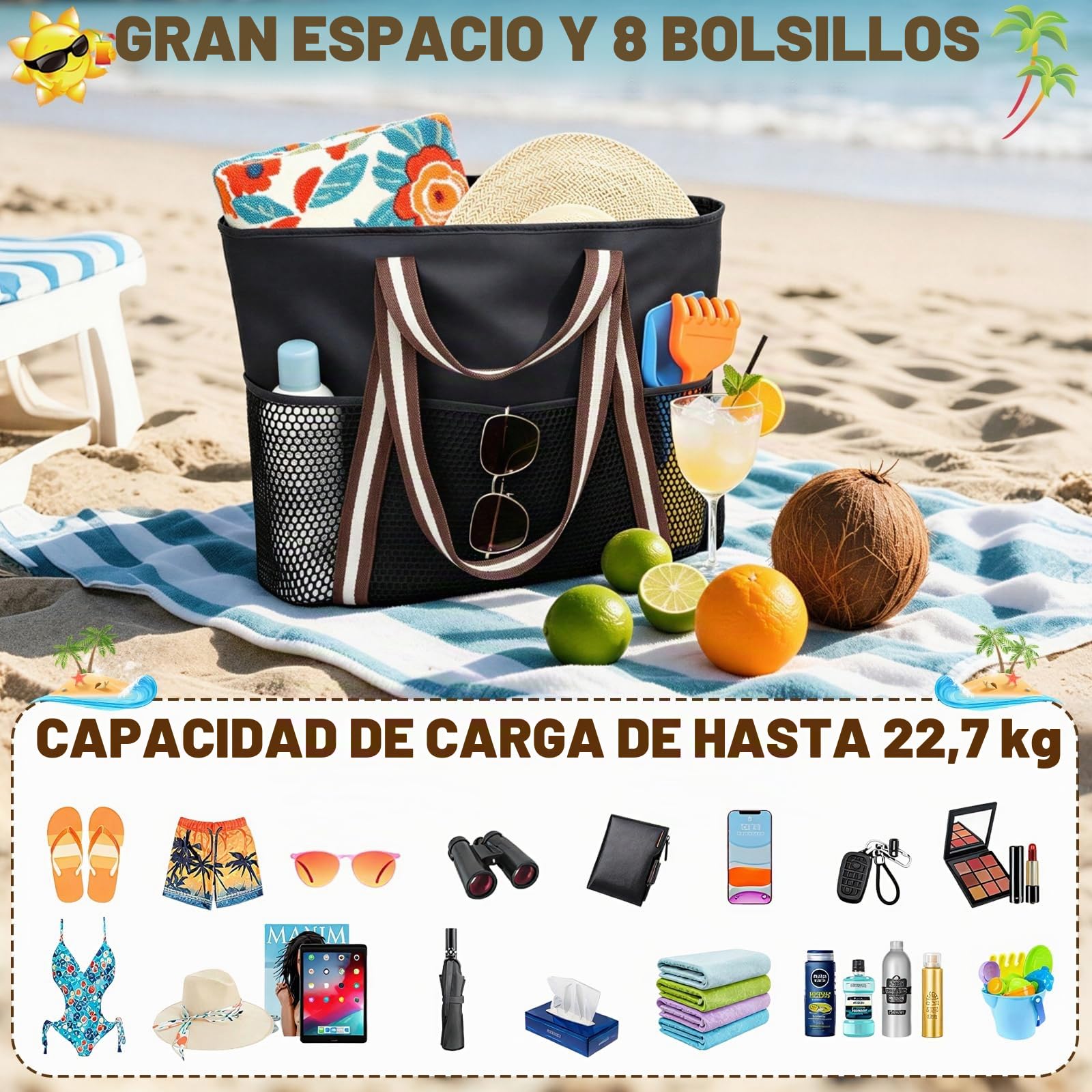 Bolsa de playa para mujer, bolsa de playa con cremallera, bolsa de playa grande XXL, bolsa de transporte para familia, bolsa impermeable para piscina, bolsa de playa plegable