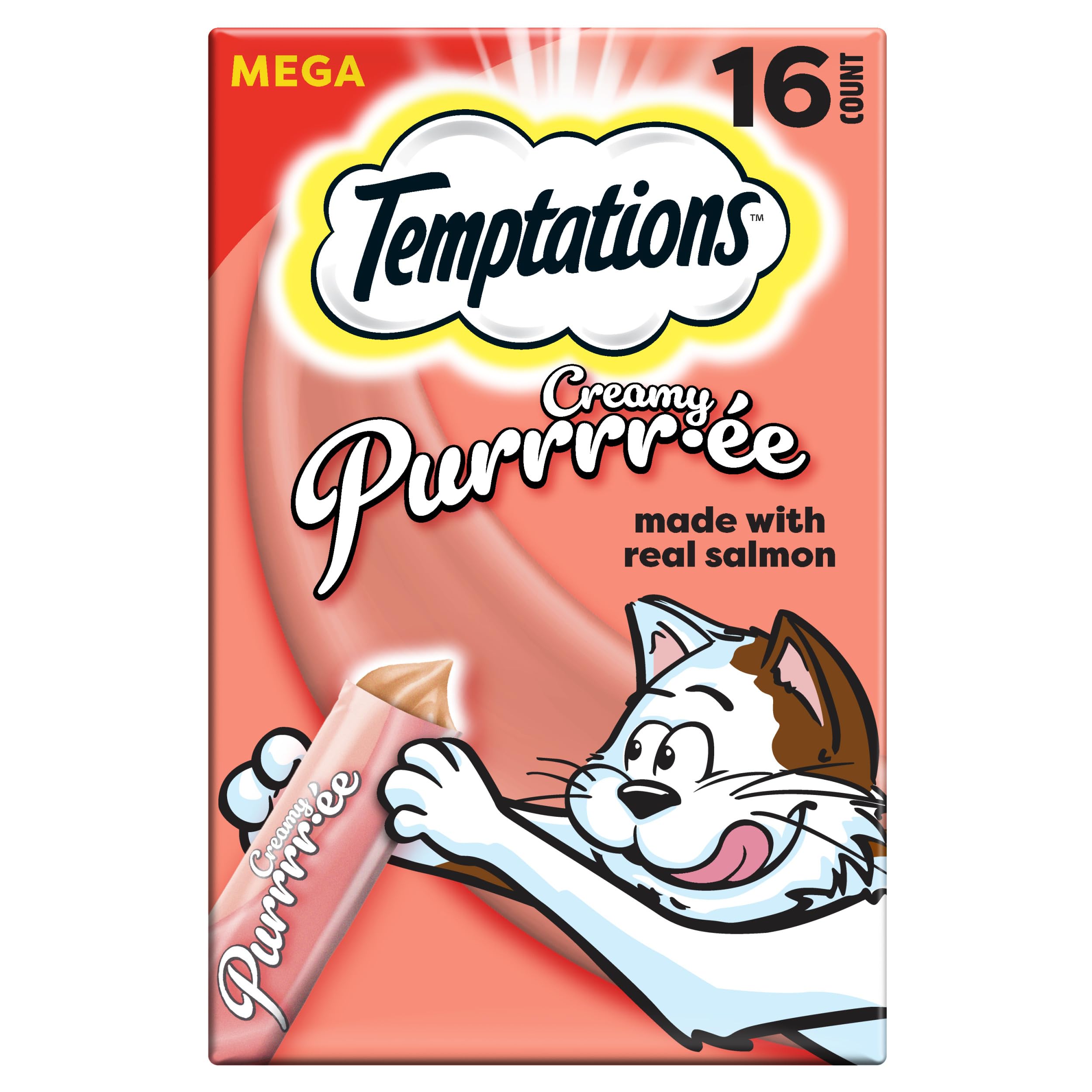 Temptations Creamy Puree Squeezable Lickable Wet Cat Treats with Salmon, 0.42 oz. Tubes, 16 Count