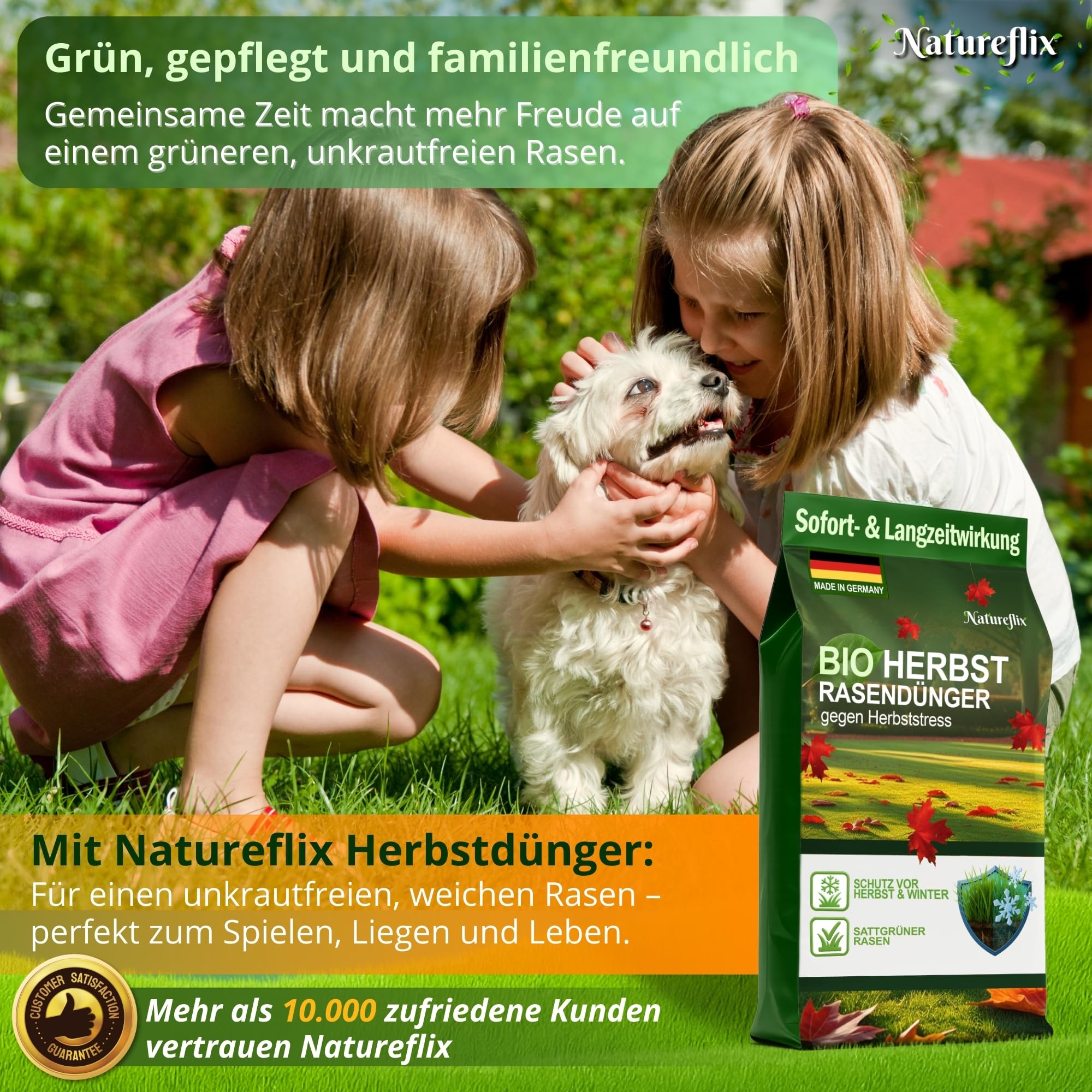 BIO Herbstrasendünger 10 kg, für 280 m², Langzeitwirkung | Bio-Herbstrasendünger, verdrängt Moos, Kalium für Frostschutz, sofort sicher für Kind & Tier, Langzeitwirkung über den Winter