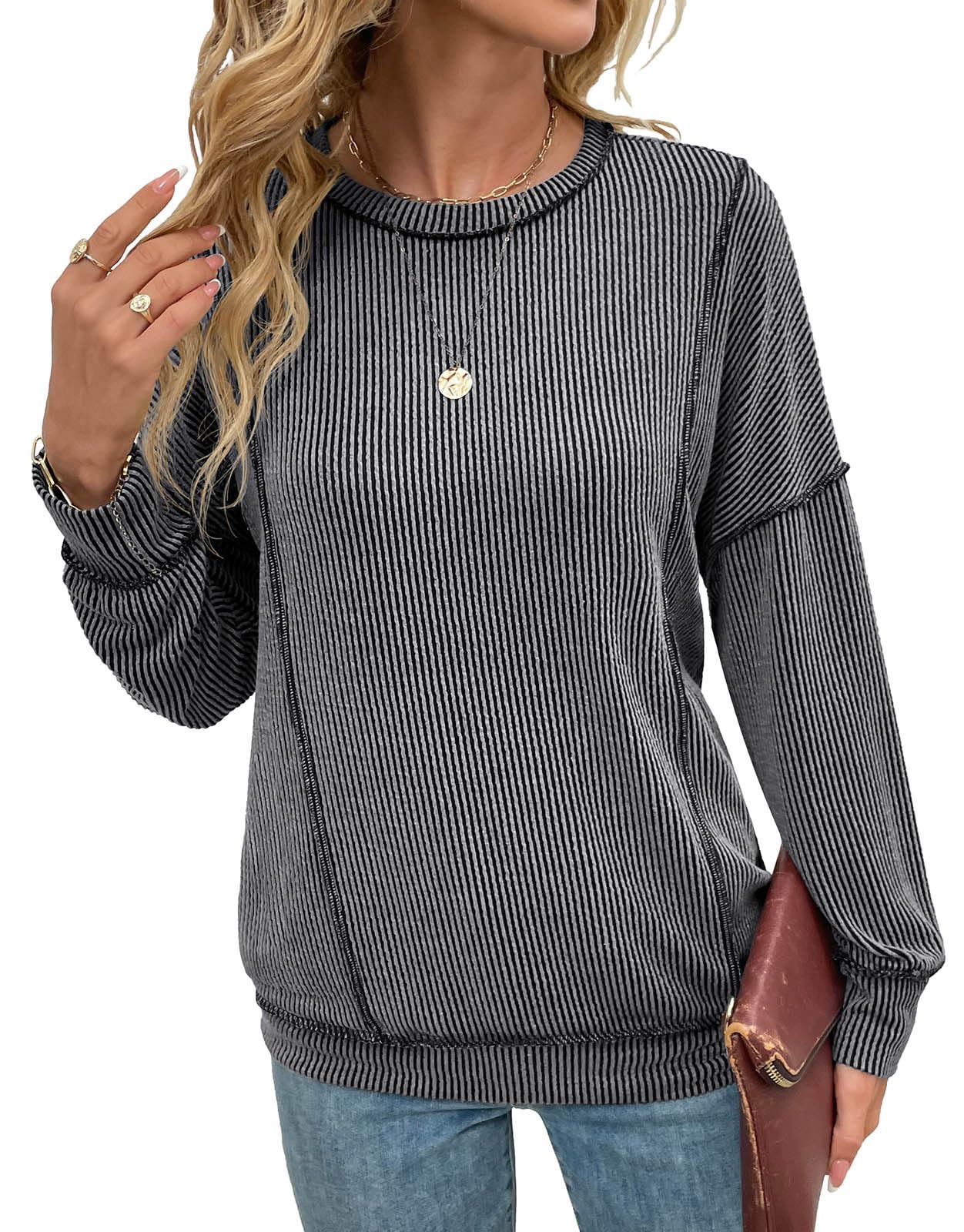 levaca Womens Long Sleeve Tops Fall Ribbed Shirts Loose Fit Exposed Seam Tunics to Wear With Leggings