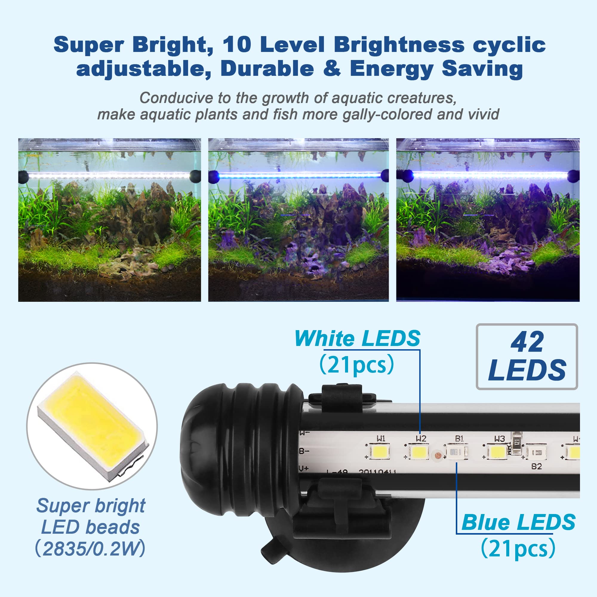 BELLALICHT LED Minuterie Éclairage d'aquarium, Lampe Tube Aquarium [Bleue & Blanc Lumière] avec Gradateur intégré, Dimmable 10 niveaux de luminosité IP67 étanche pour Aquariophilie - 2