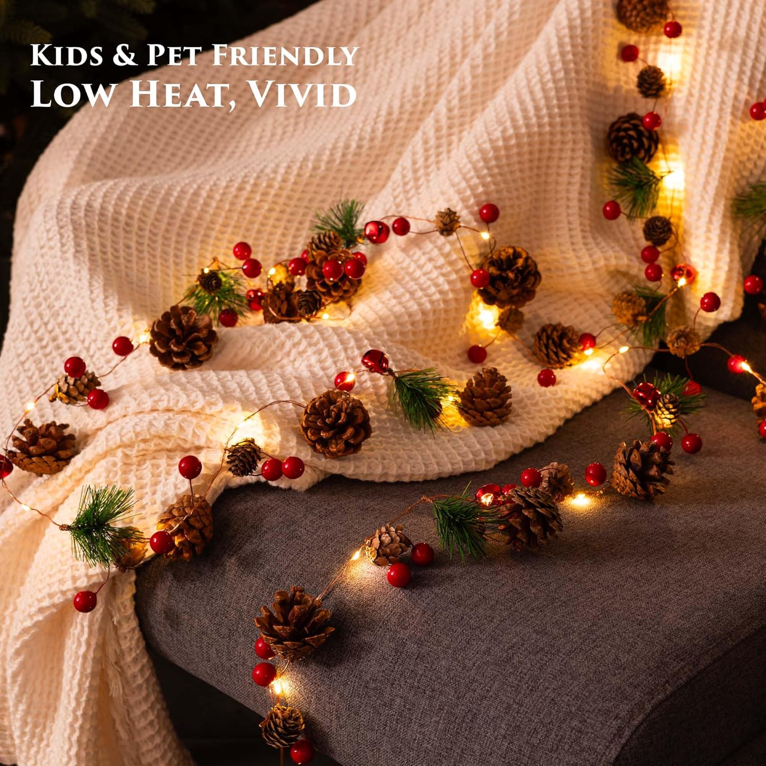 Christmas Garland with Lights, 6.7Ft 20 LEDs Pine Cone Battery Operated Garland with Lights, Christmas Fairy Lights with 8 Modes, Red Berry Xmas Garland Indoor Outdoor for Tree Decor(2pack)