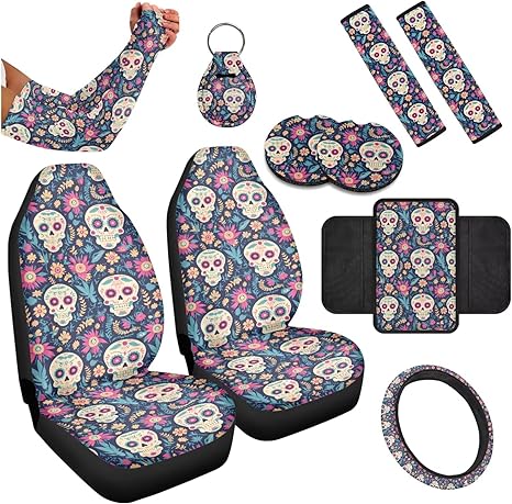Sugar Skull Car Seat Cover Set of 11, Anti-Skid Mexican Skull Flower Car Front Seat Day of The Dead Armrest Pad Safety Belt, Universal Fit Auto Accessories for Interior