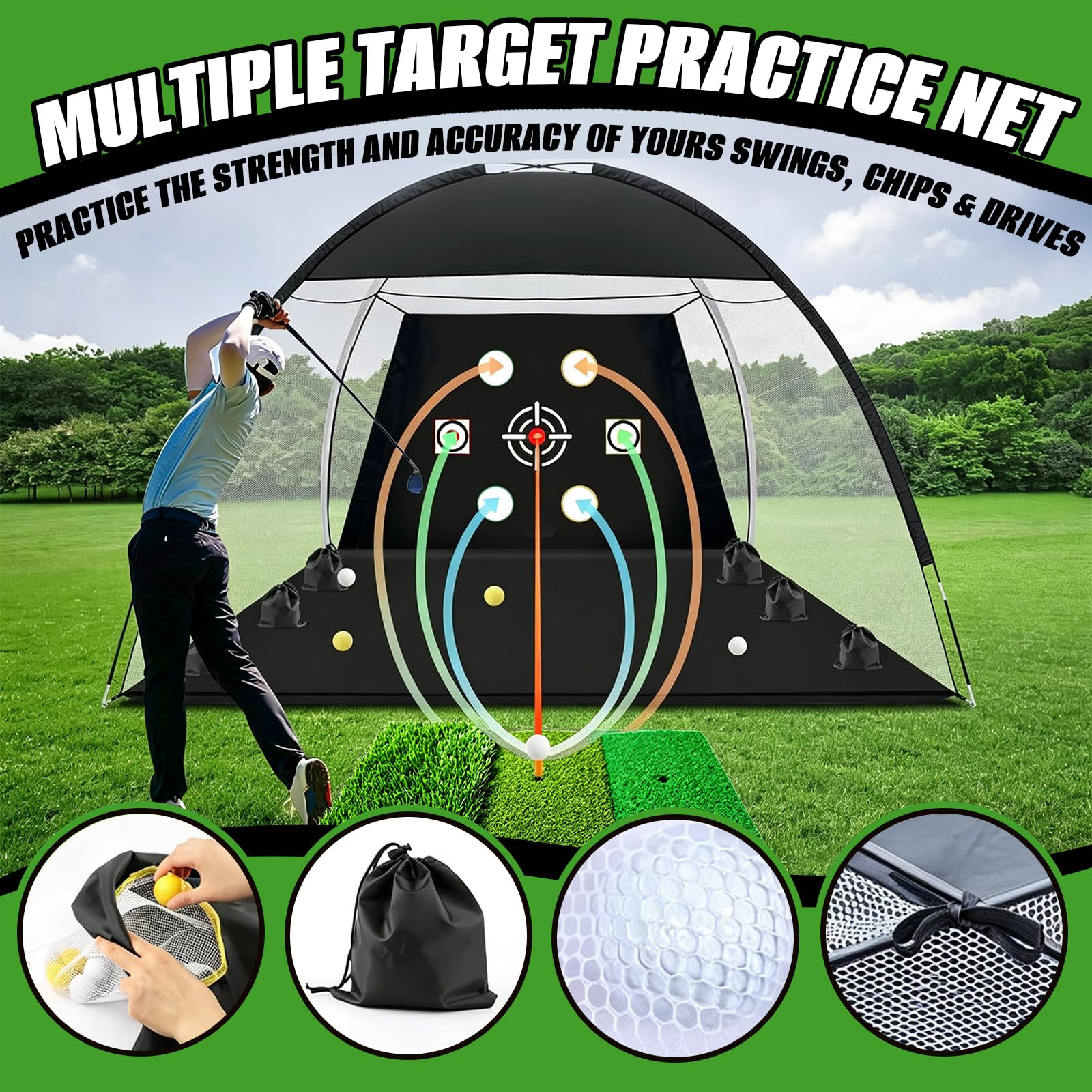Redes de Práctica de Golf 10x7 Pies, Red de Entrenamiento de Golf con Estera de Impacto para Interior y Exterior Patio Trasero, Red de Ayuda para Entrenamiento con Dianas