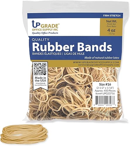 Upgrade Office Supply UPG23716 Bandas de goma, tamaño #16 (2-12" x 116"), bolsa de 14 libra, aproximadamente 450 bandas, crepe natural, fabricado en