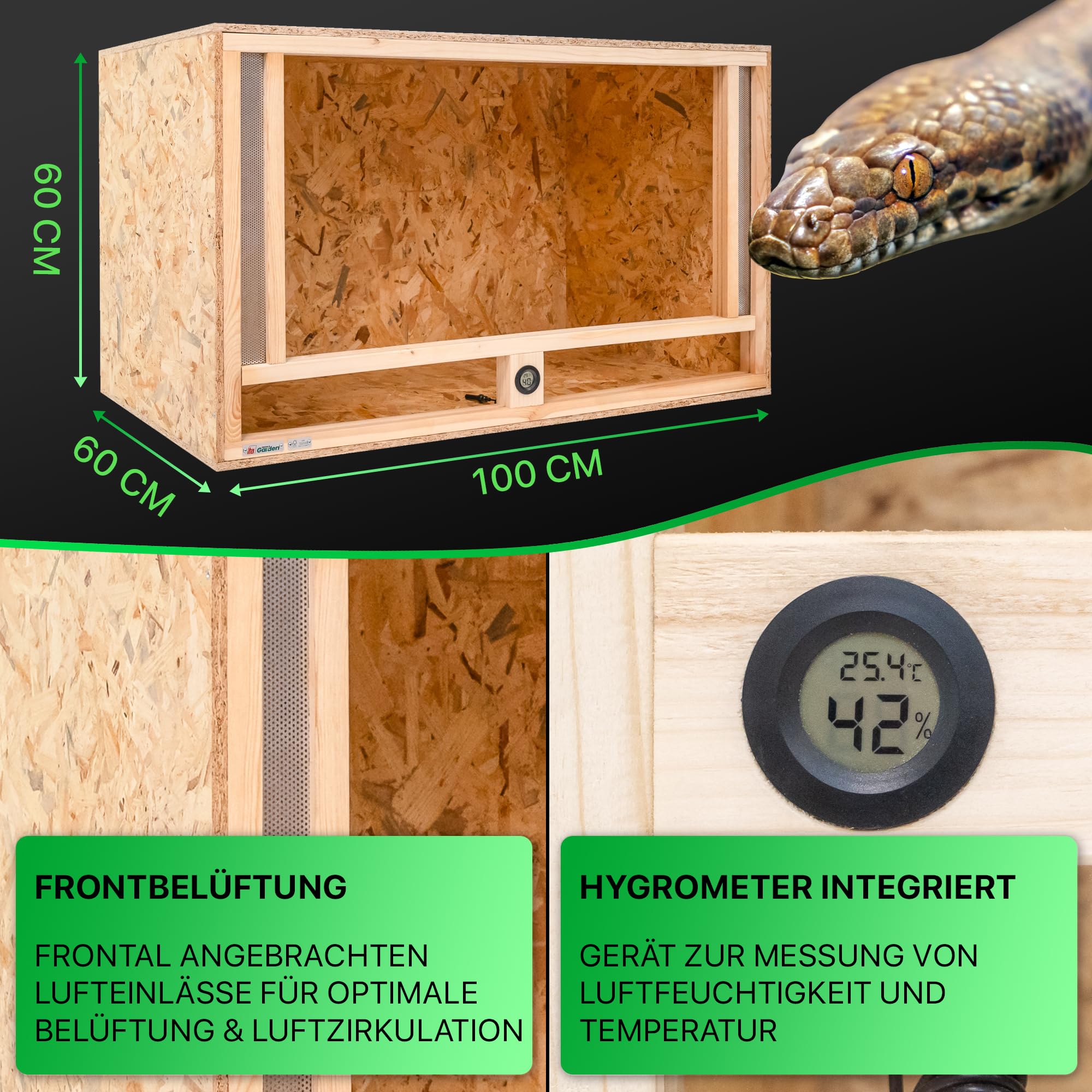 ITA Holz Terrarium 100x60x60 cm mit Frontbelüftung & Integriertem Hygrometer - Holzterrarium aus OSB-3 Platten - Terrarien für Reptilien, Schlangen, Amphibien - EU Produkt, FSC Zertifiziert
