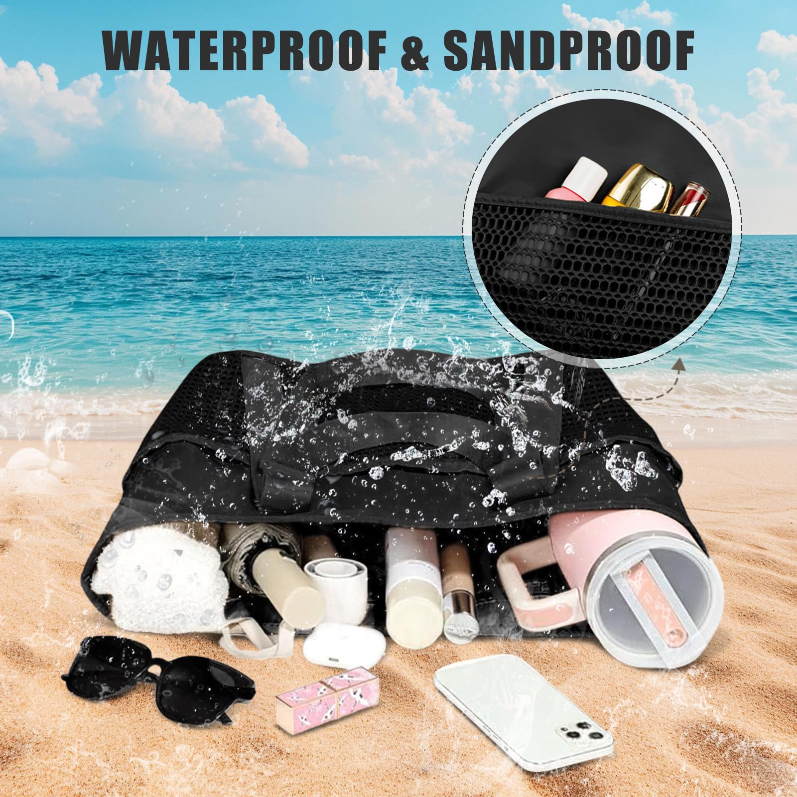 flintronic Damska torba plażowa, duża torebka, torba siatkowa | Wodoszczelna torba kąpielowa z zamkiem błyskawicznym kieszeń wewnętrzna na basen, urlop, podróż, siłownię, zakupy
