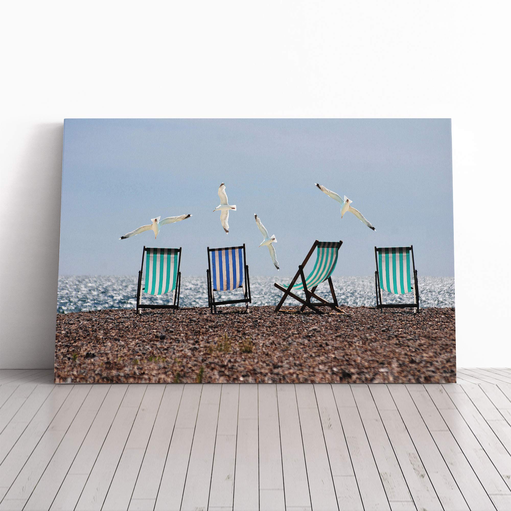 Seascape Deckchairs Brighton Beach Seagulls Canvas Print | Gallery Wrapped 30mm Frame Wall Art | 30x20 inches | Ready to Hang | Modern Seascape Picture | Living Room Bedroom Lounge Office
