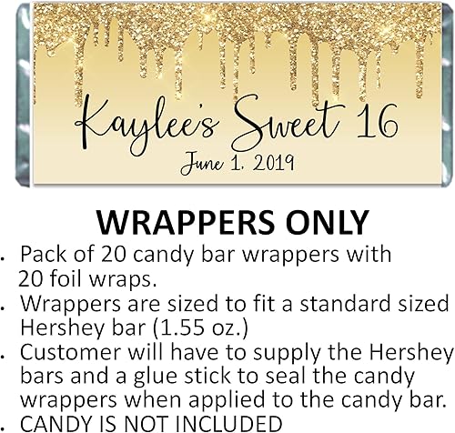 Miniatura 10 de Glitter Drip Personalized Candy Bar Wrappers, Birthday Party Favors, Chocolate Bar Labels for Baby Shower, Bridal Shower, Pack of 20 (Silver)