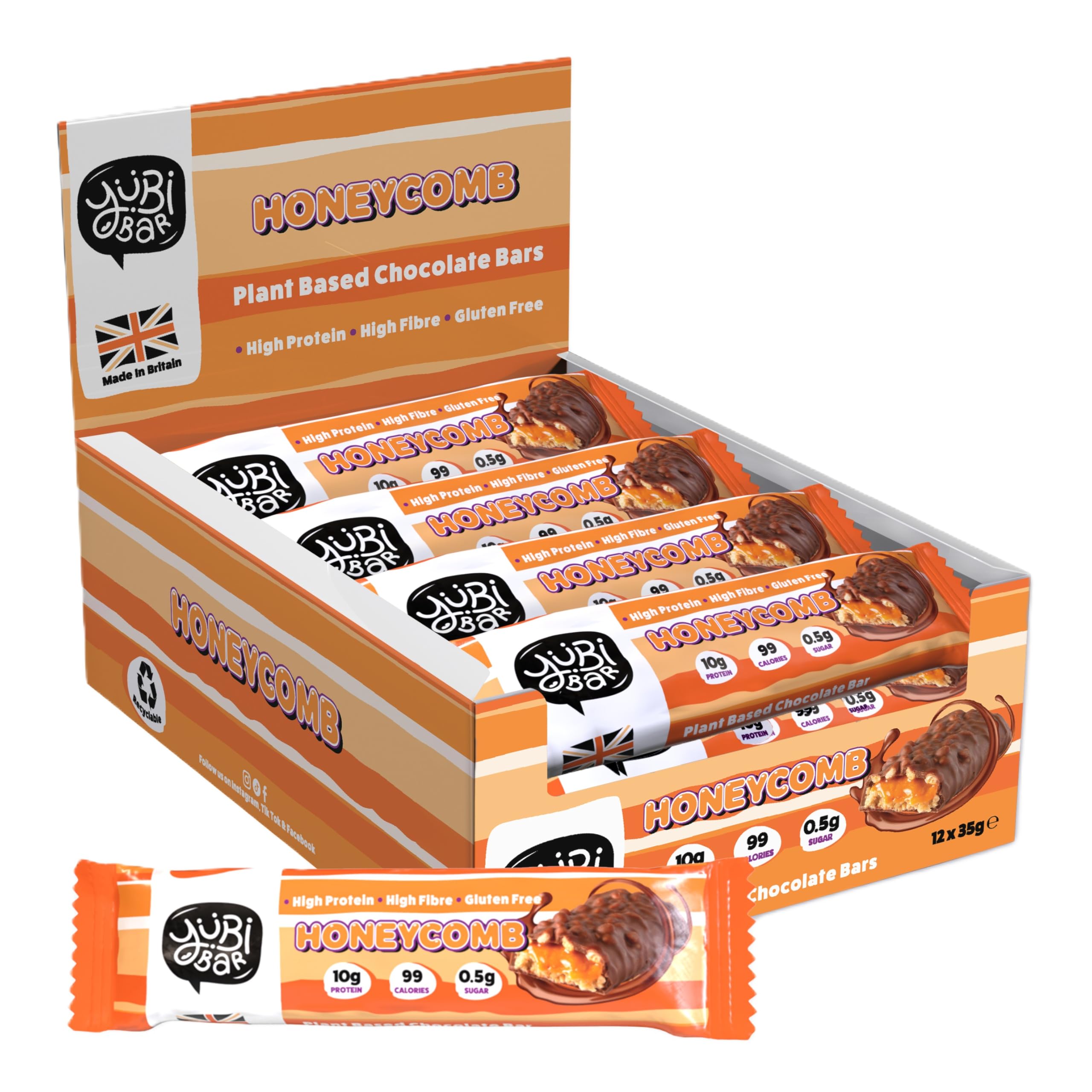 Yubi Honeycomb - 12 Pack - Protein Bars - 99 Calories, High Protein, High Fibre, Low Sugar, Gluten Free and Dairy Free - Healthy Snacks/Nutrition Bar - Chocolate Bars - 420g