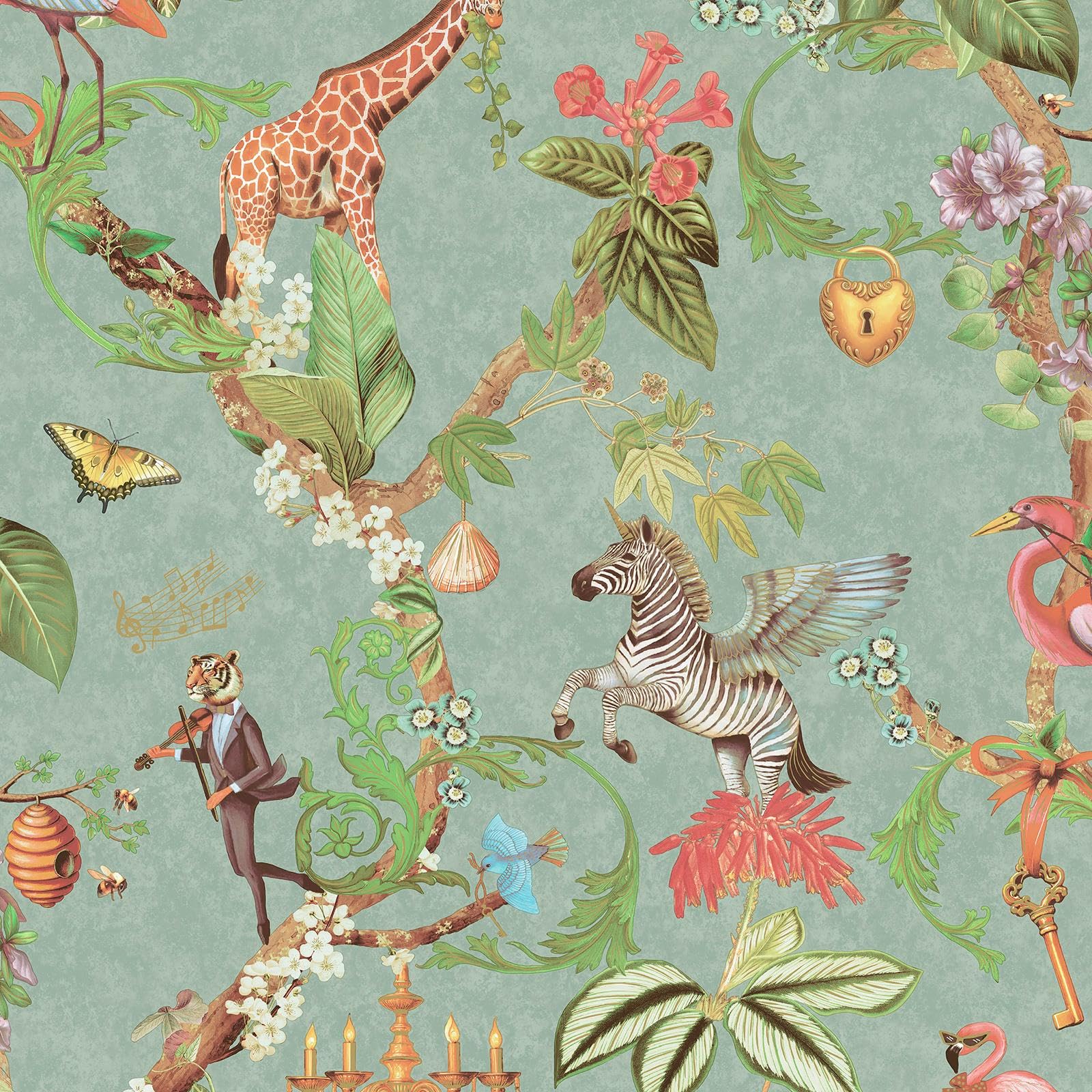 Holden Decor Safari Symphony Soft Teal Wallpaper Animal Print Paste The Paper