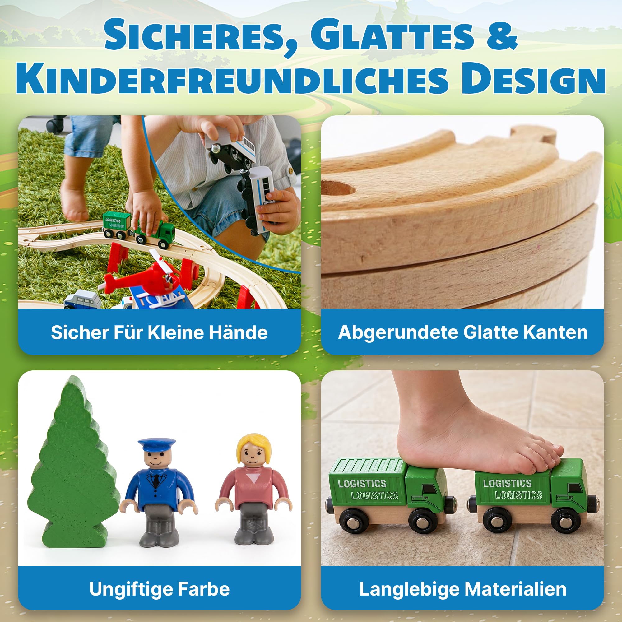 Green series Holzeisenbahn Set für Kinder - Eisenbahn Holz | Spielzeug Zug | Polizeistation, Autobahn und Bahnset mit Brücke, 80 Teilen, 378 cm lang | Holz Eisenbahnen | Holzzug | Modell GS0010