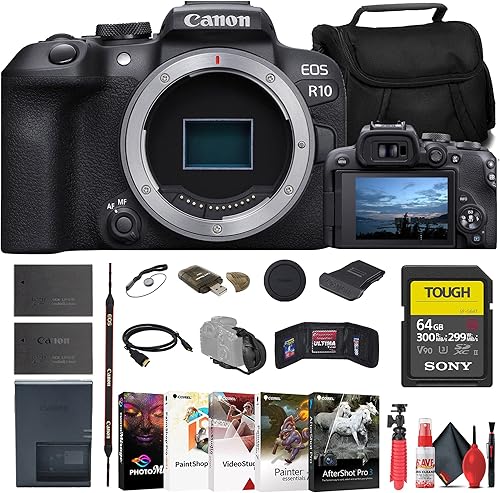 Canon Cámara EOS R10 sin espejo (5331C002) + tarjeta SD resistente Sony de 64 GB + bolsa, cargador + batería LPE17 + lector de tarjetas + software