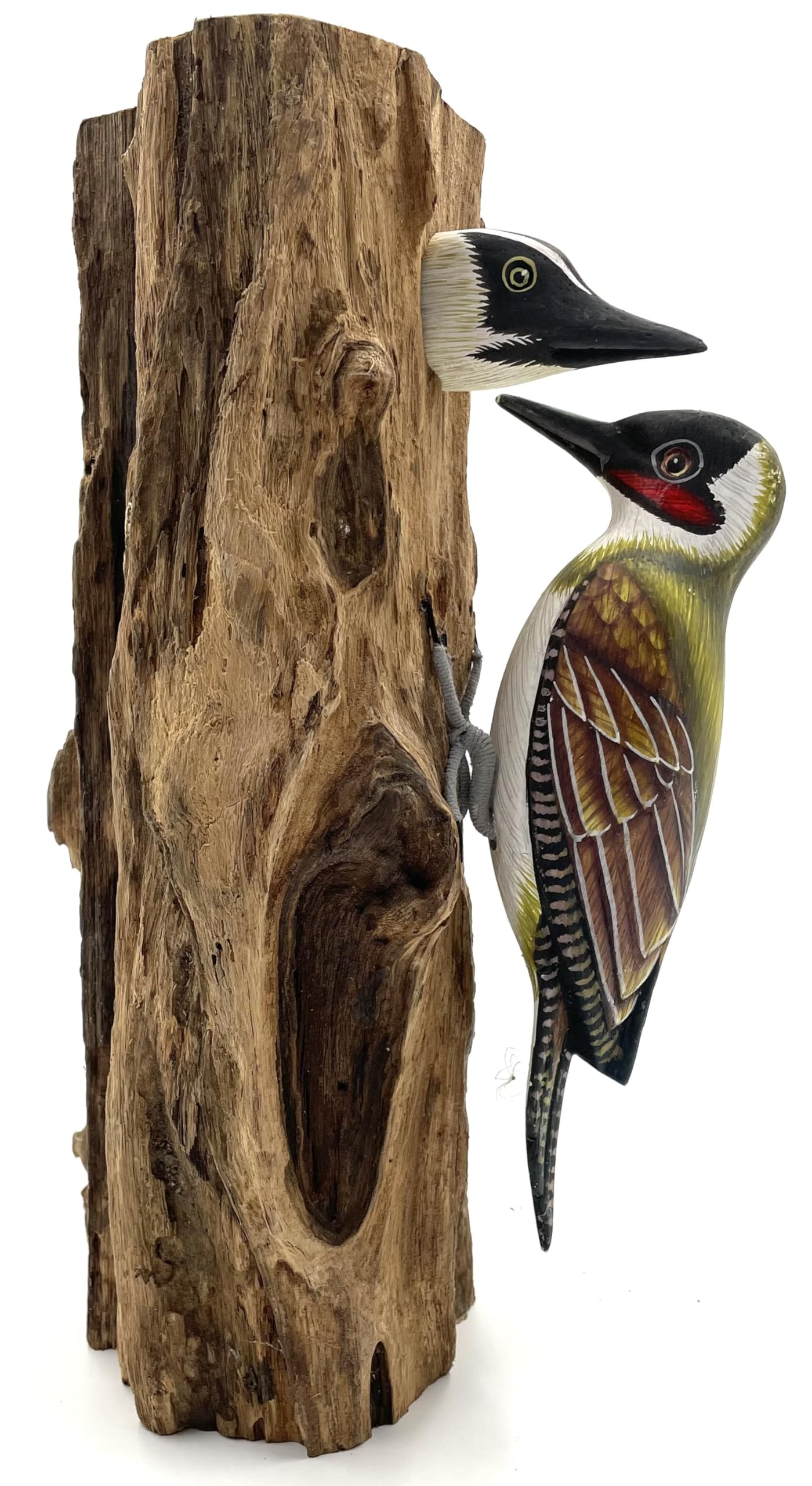 My Square Mile 3 Birds Bird Statue Ornament | Wooden Hand Carved Bird | Tree Stump Painted Great British Birds Indoor/Outdoor Garden Ornament (Woodpecker)