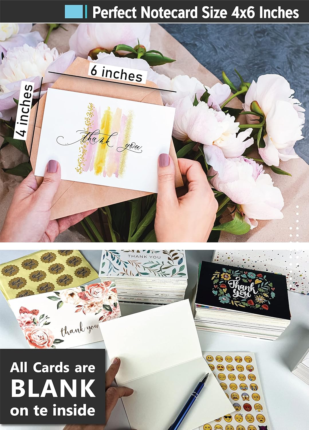 100 Unique Thank You Cards Bulk With Envelopes - 4x6 Blank Note Cards with 100 Different Colorful Designs, No repetition - Cards Pack Set for Businesses Office and Individuals
