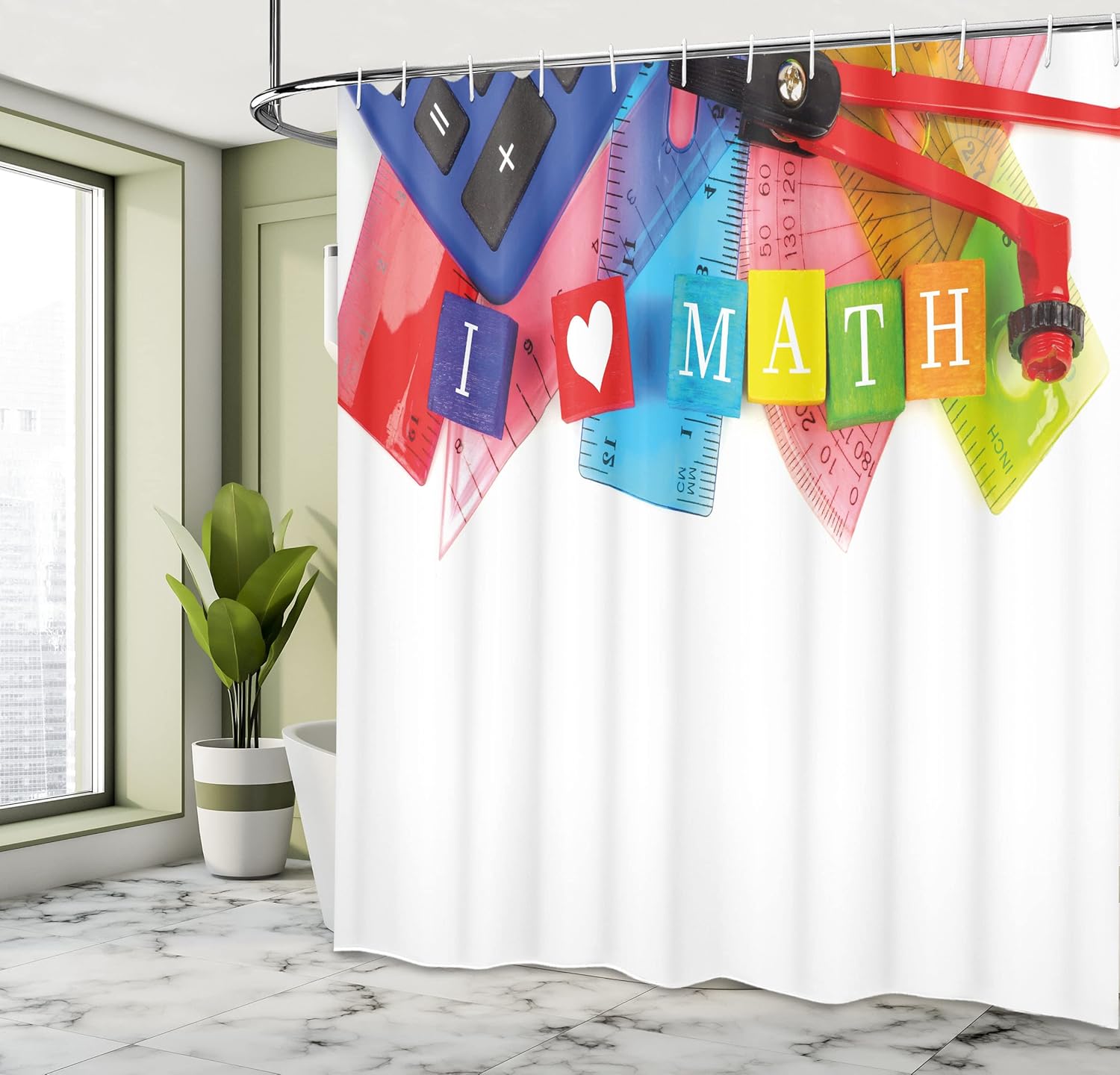 Ambesonne Mathematics Room Shower Curtain, I Love Math Theme Objects Heart Calculator Compass and Ruler, Cloth Fabric Bathroom Decor Set with Hooks, 69" W x 75" L, Rainbow