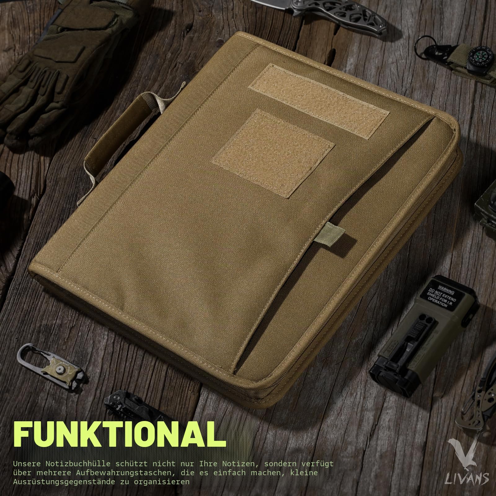 LIVANS Taktisches Notizbuch, Portfolio, Padfolio, Ringbuch mit Reißverschluss, Armee-Militär-Notizbuch, Planer enthält 25 Blatt A4-Briefpapier und abnehmbare 3-Ringe, Multi-Storage-Grifftasche für