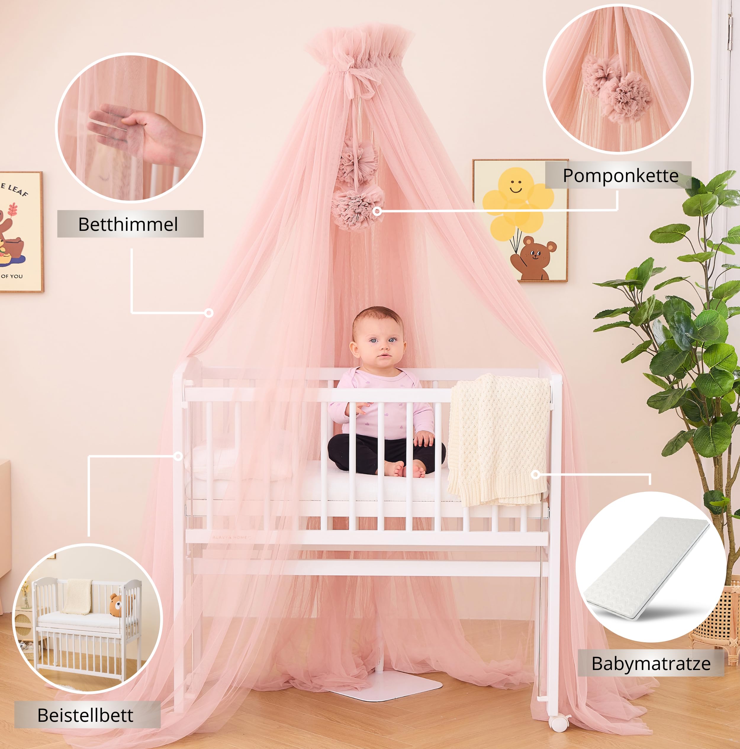 ALAVYA HOME® Beistellbett Leroy 2 in1 Babybett 6-TLG., Set Betthimmel mit 2 Bommeln + Matratze + Himmelstange aus Buchenholz (Weiß - Set mit Betthimmel Rosa)