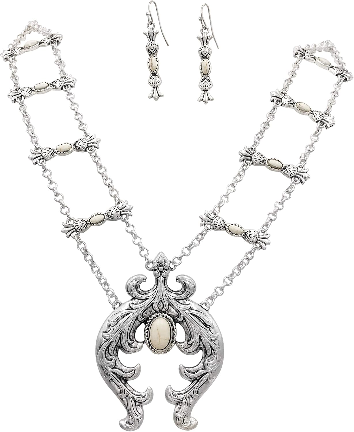 Gypsy Jewels Long Stone Center Squash Blossom Silver Tone Double Chain Boutique Style Statement Necklace & Dangle Earrings Set