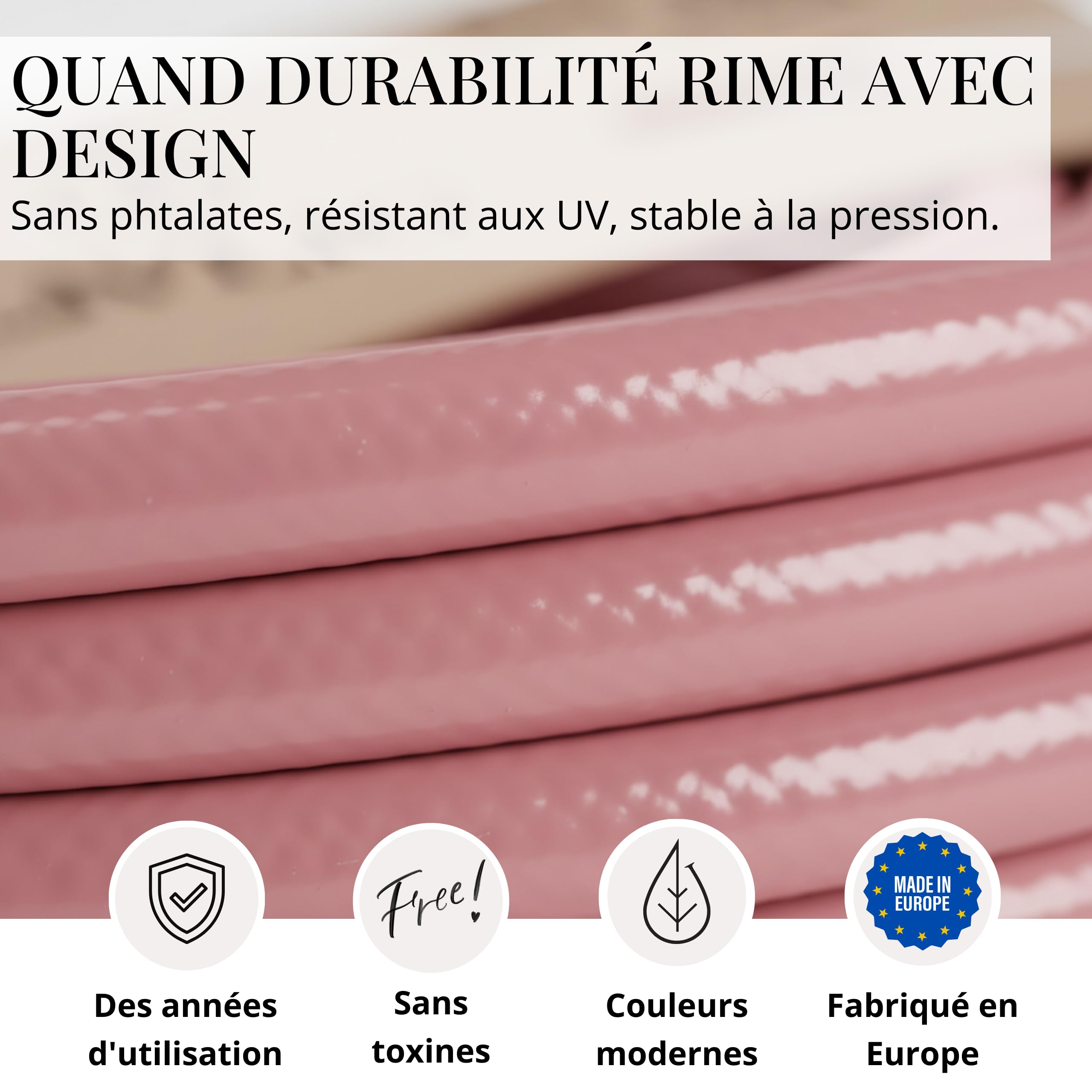 LIVLIG Tuyau d'Arrosage 30m Design – Tuyau Arrosage Flexible, 60% Recyclé, UV Résistant, Anti-Torsion, 1/2 Pouce, Rose