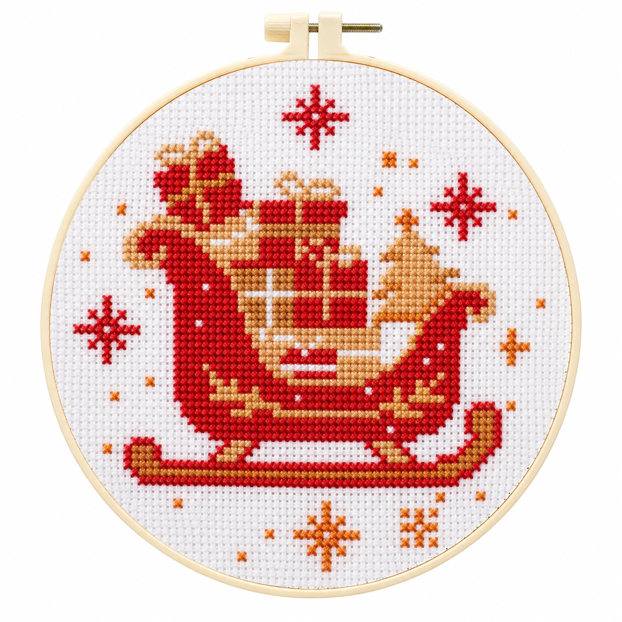 Zhenqing Christmas Sleigh Gift Cross Stitch Kit with Hoop - 11CT Pre-Printed 24x24cm Fabric &amp; Complete Tools for Beginners (68341)