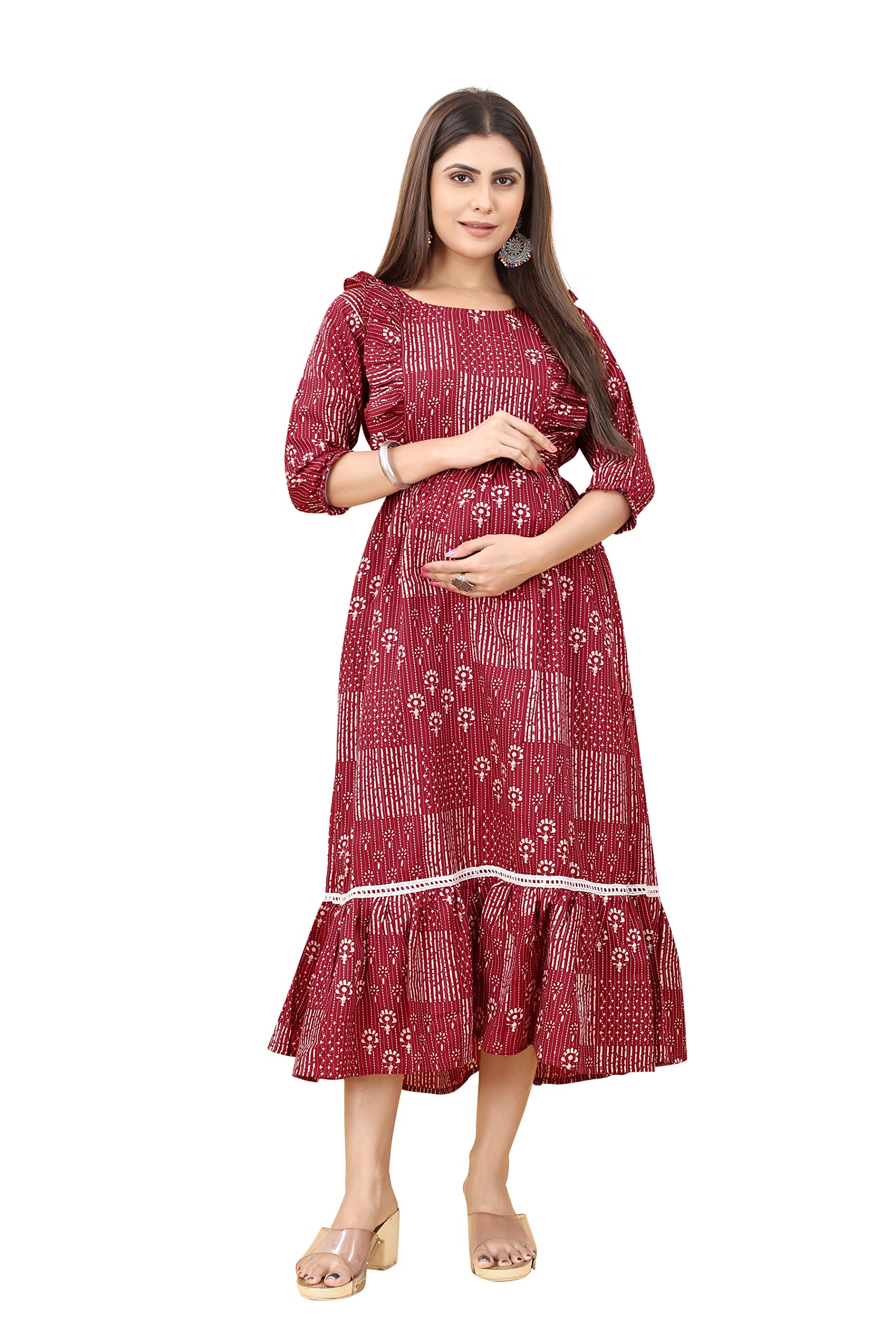 SKY FABMaternity Feeding Kurti for Women Cotton Blend Anarkali Maxi Dress with Nursing Zip