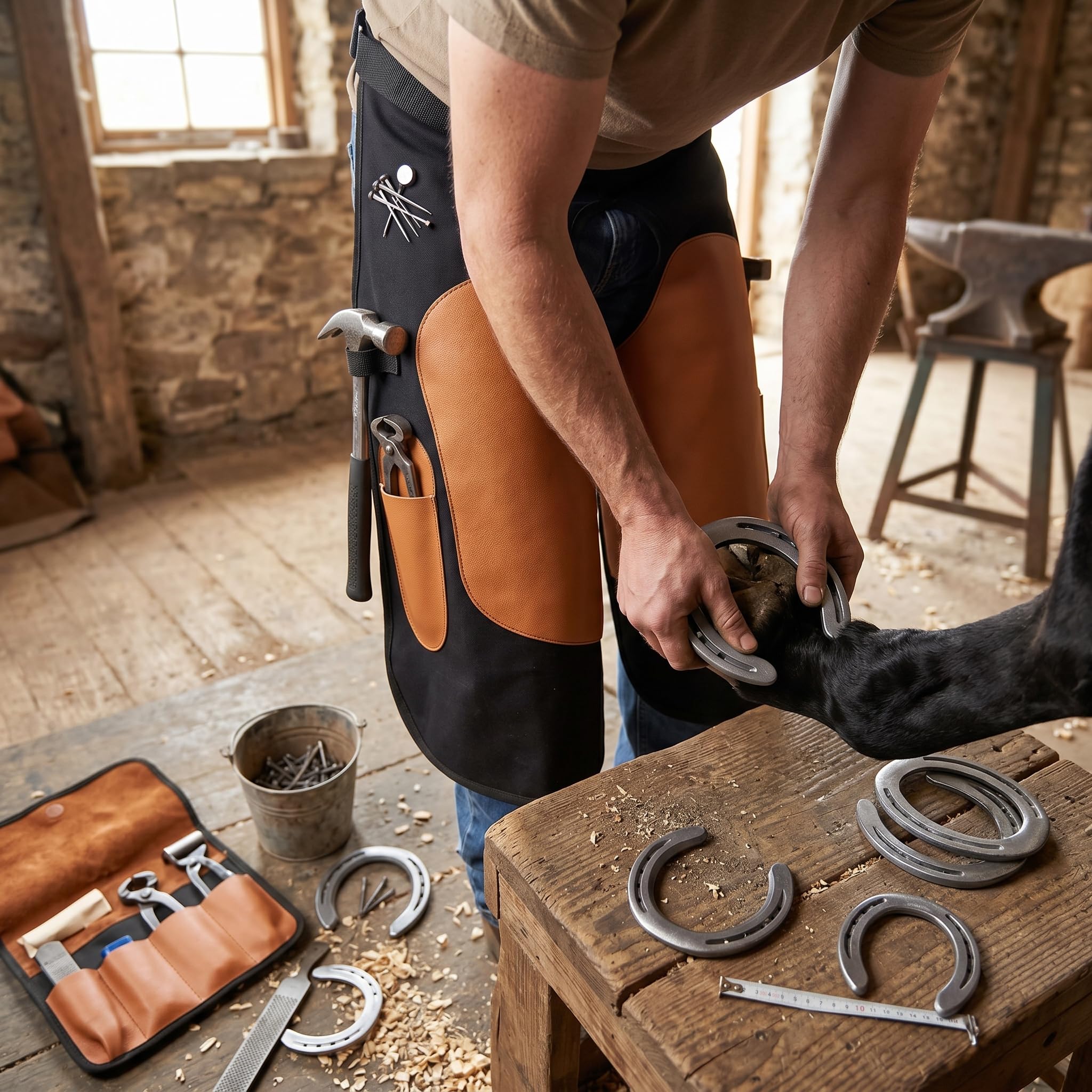 Yctze Delantal para cascos, Herramientas de herrador Con Piel de vaca, gamuza, lino Cinturón ajustable Ergonómico Delantal para el cuidado de los cascos Para herrar y cuidar los cascos