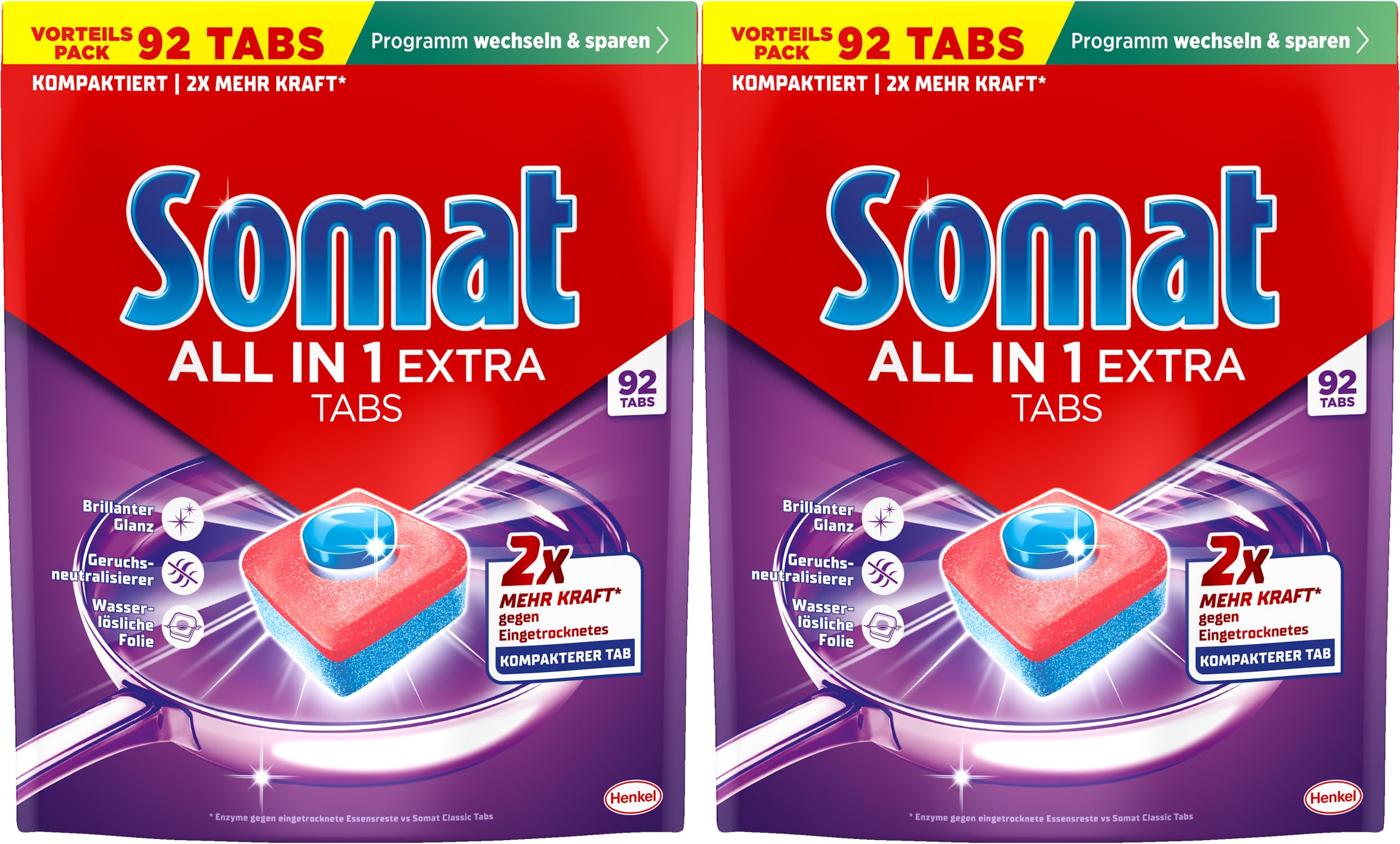 SOMAT All in 1 Extra Spülmaschinen Tabs (2 x 92 Tabs), für strahlend sauberes Geschirr auch im Niedrigtemperatur-, Kurz- & Eco-Programm, entfernt Eingekrustetes und sorgt für brillanten Glanz