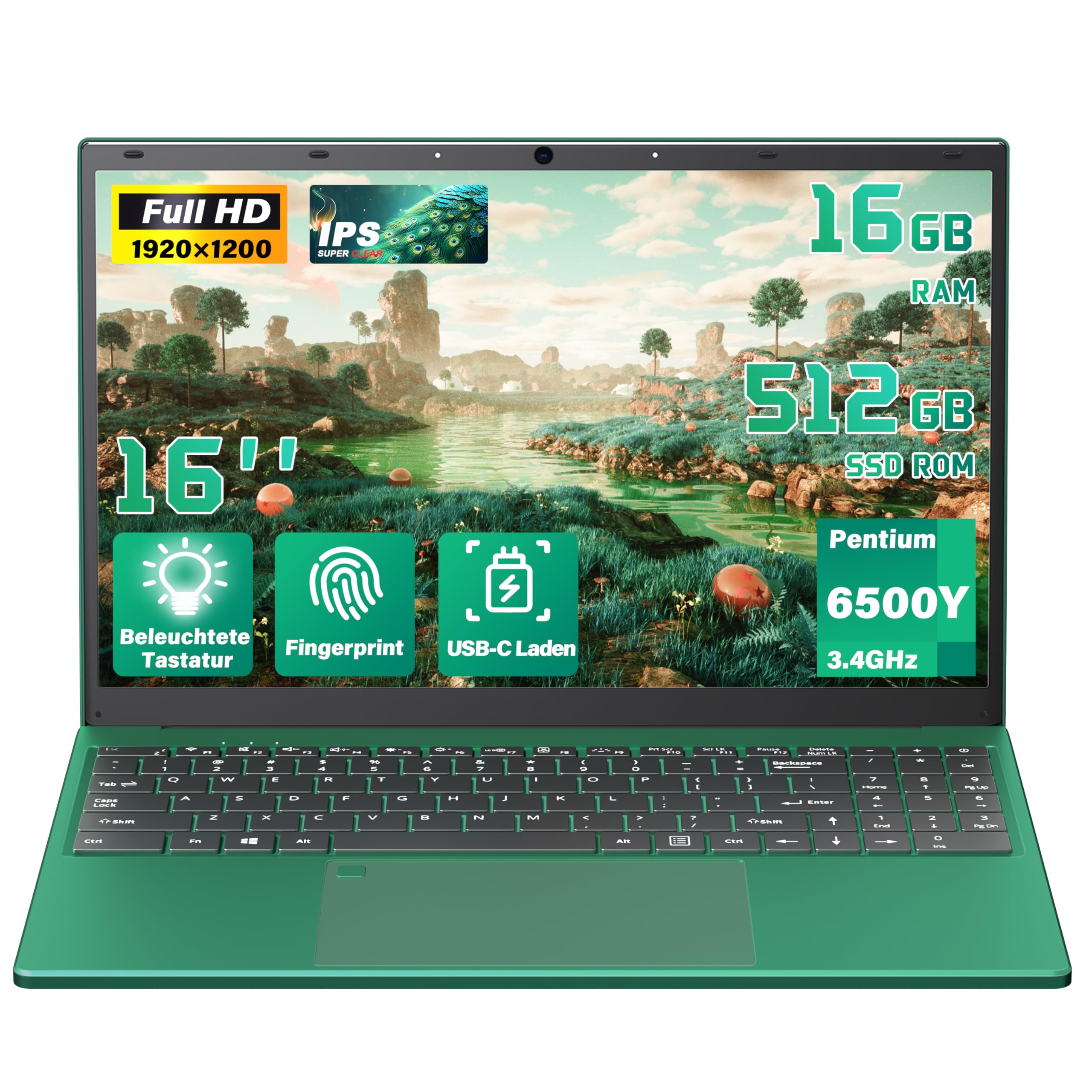 16-Zoll Business Laptop, 16GB RAM, 512GB SSD, 6500Y CPU bis zu 3,40 GHz | FHD IPS Display, Fingerabdruck, beleuchtete Tastatur, USB 3.0, WLAN, Type-C Charging, Grüner Notebook für, Arbeit, Schule