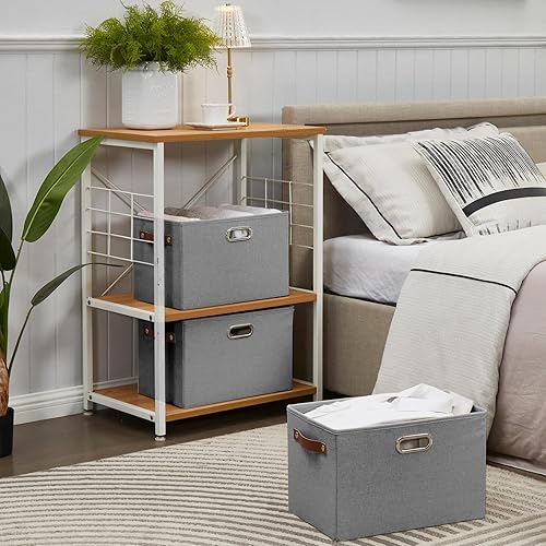 Miniatura 7 de Paquete de 3 contenedores plegables grandes de tela con asas duraderas de poliuretano y metal, cestas de almacenamiento plegables para estantes,