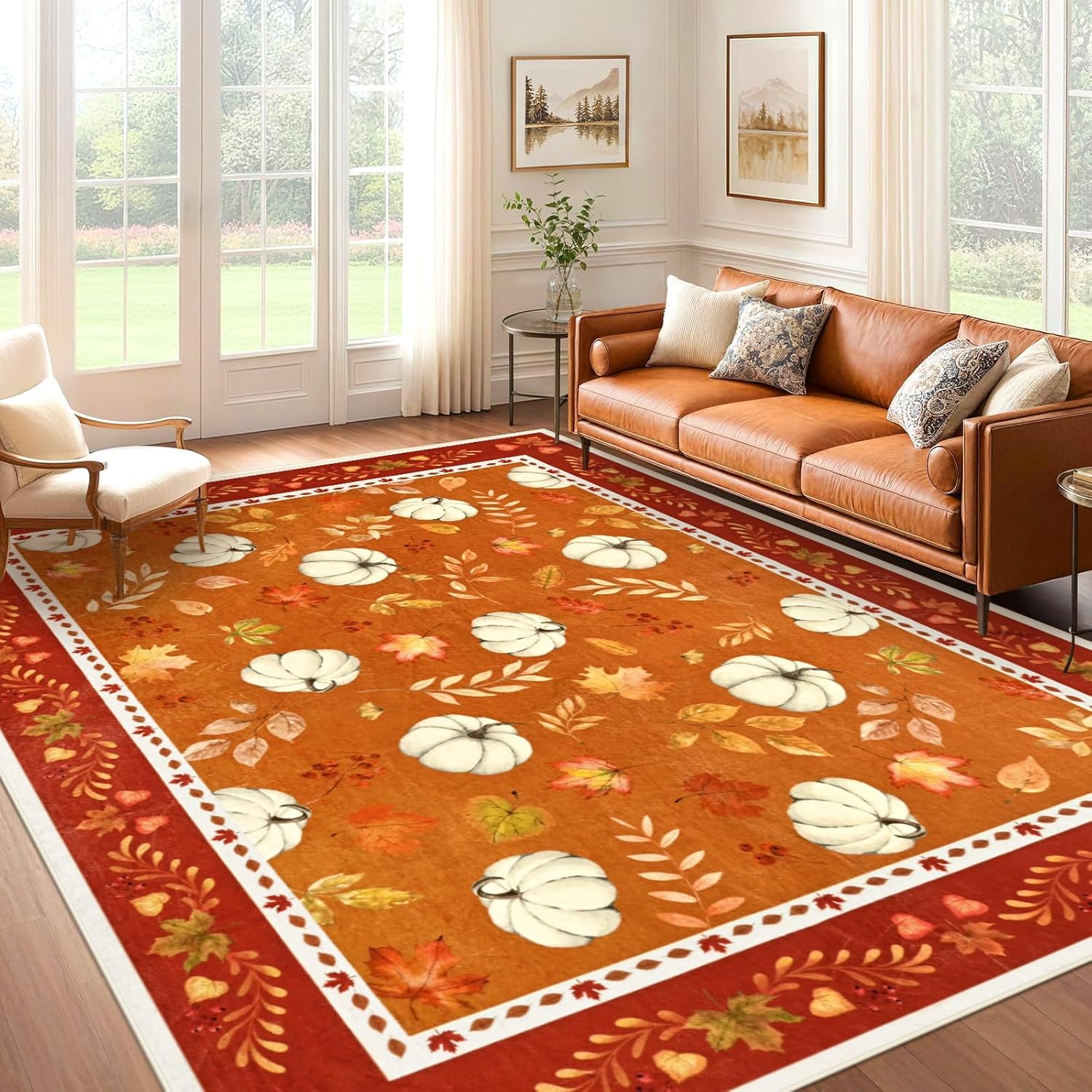 ASPMIZ Fall Area Rug 8x10, Thanksgiving Living Room Rug Washable Non Slip, Soft Faux Wool Pumpkin Leaves Large Autumn Rugs Low Pile, Fall Decorations for Home, Bedroom, Dining Room, Vintage Decor