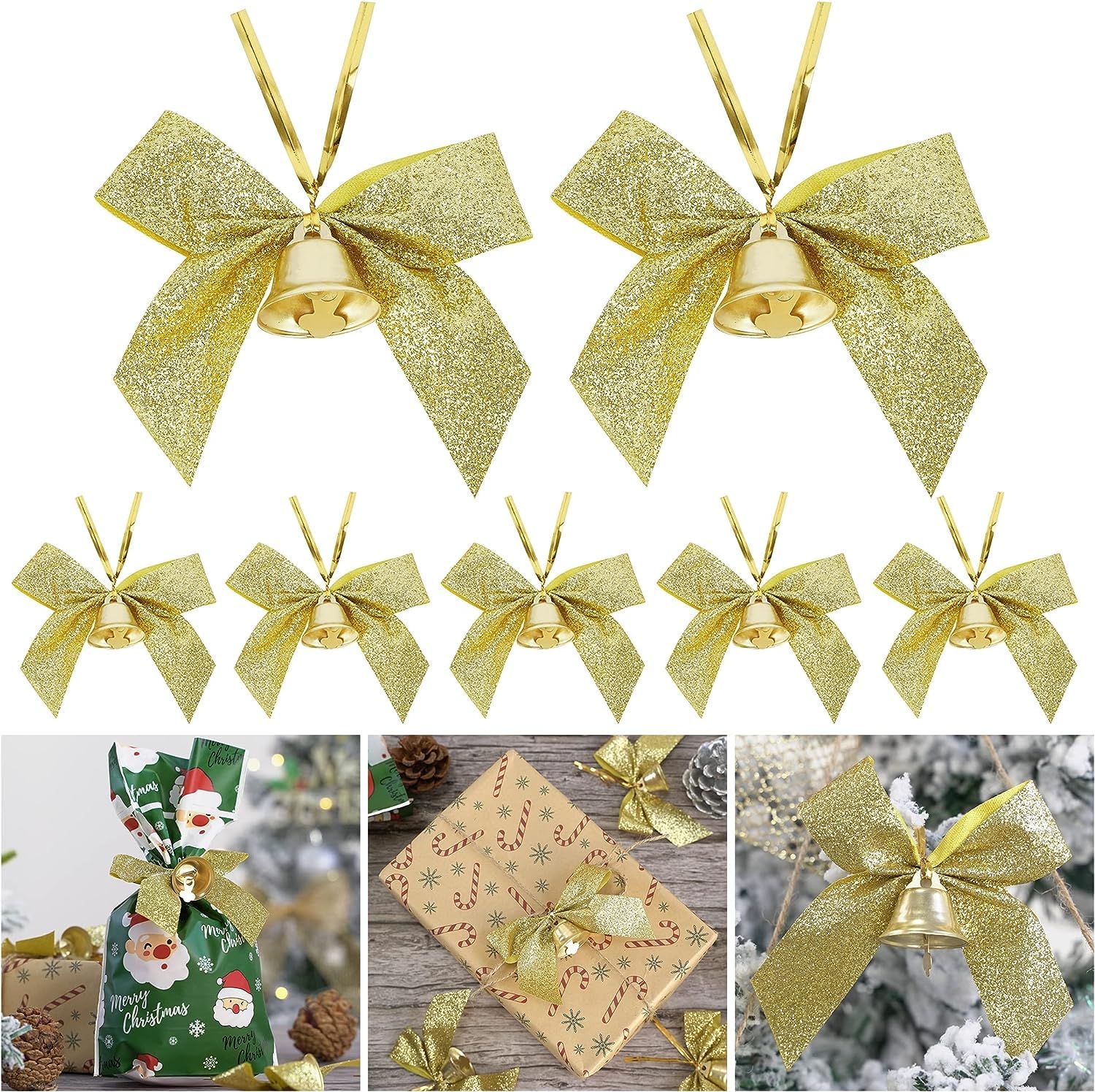 Lazos Arbol Navidad, Lazo Navidad con Campana Decoracion 12 Piezas Lazos Decoracion para árboles de Navidad, Coronas, Decoración de Regalos (Dorado)