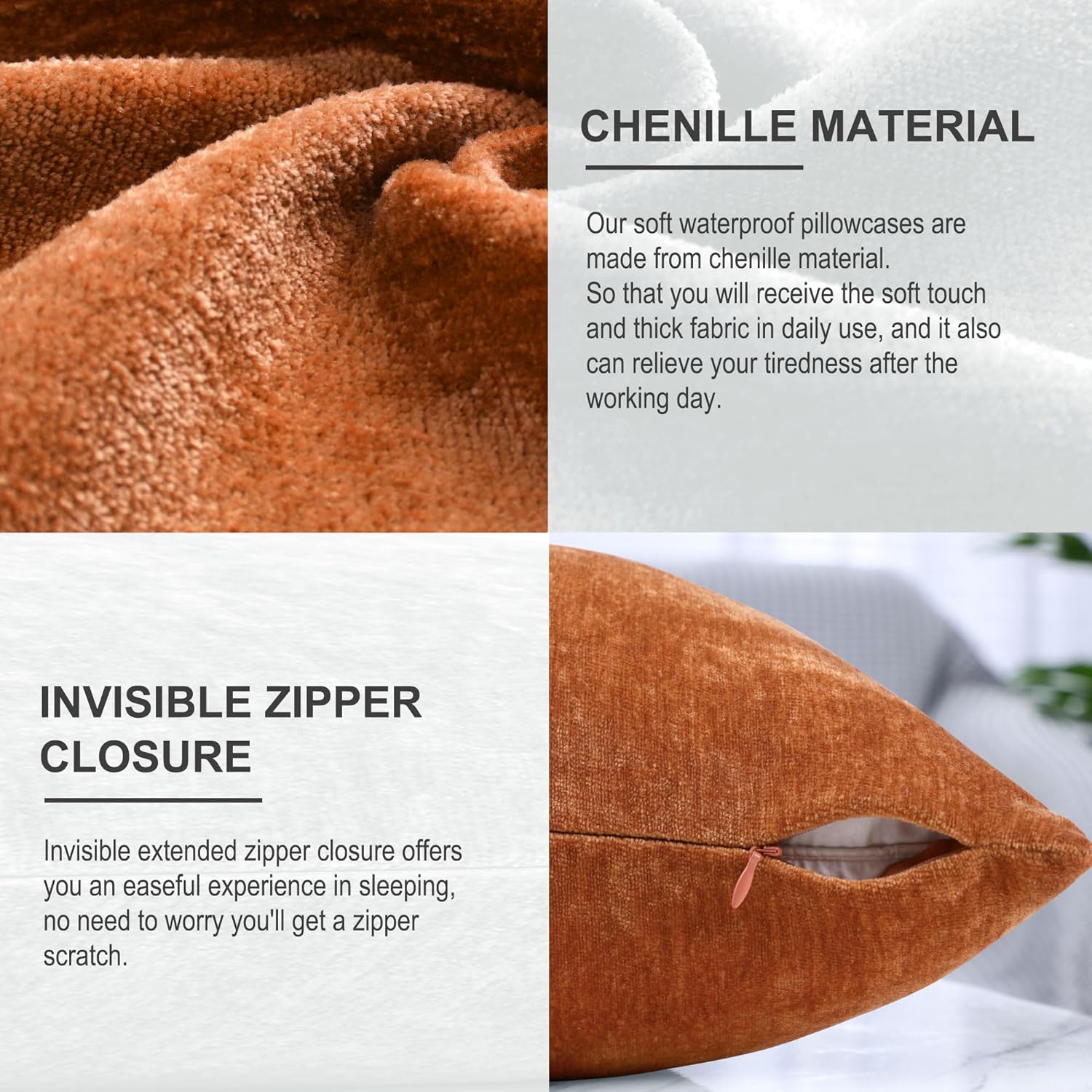 PiccoCasa Chenille Throw Pillow Covers, Soft Decorative Cushion Covers Water Repellent Couch Pillowcase Home Cute Pillowcases for Sofa Car, 12x20 Inch Burnt Orange - Image 5