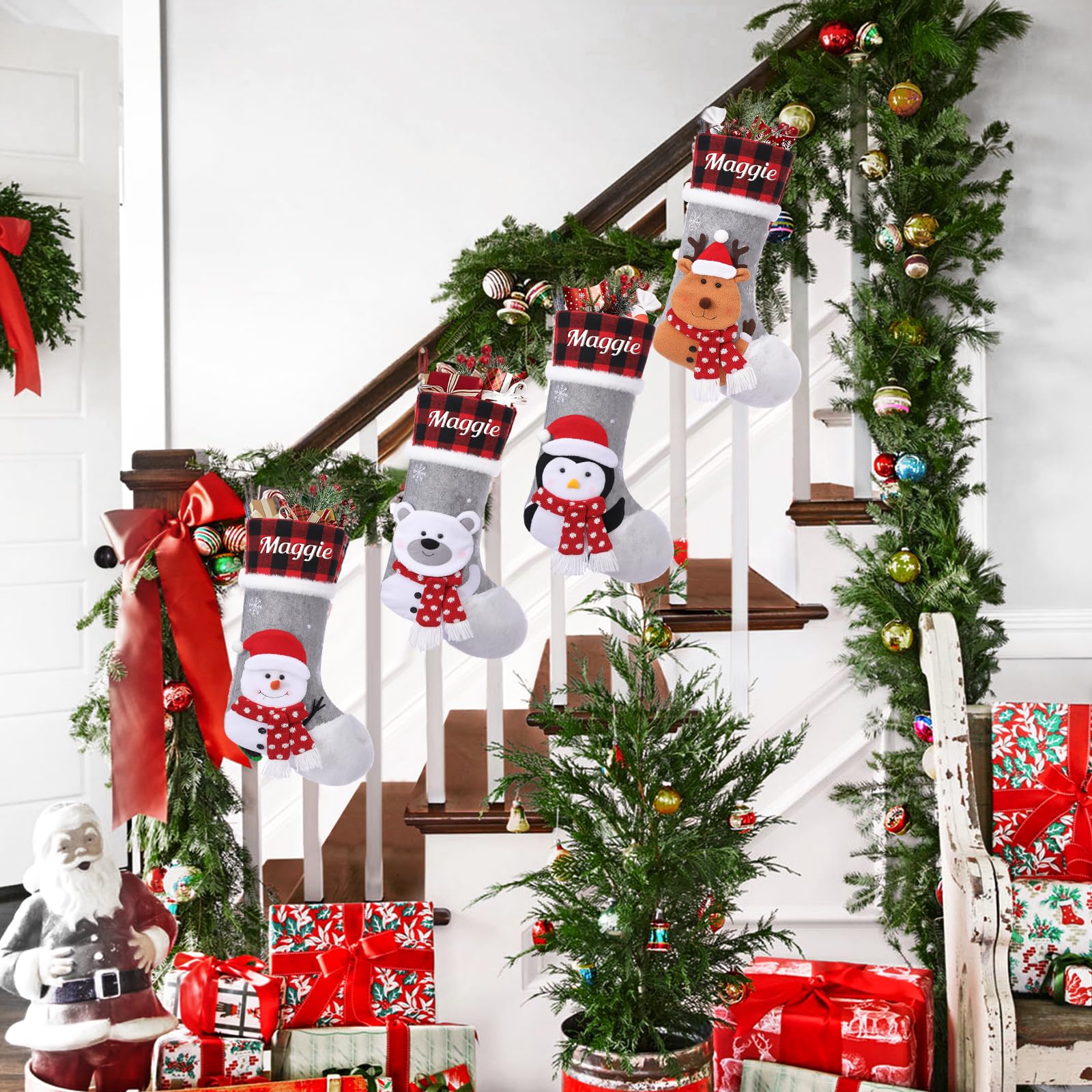 SearchI 5er Personalisierte Weihnachtsstrümpfe Nikolausstrumpf Christmas Stockings,Personalisierter Weihnachtsstrumpf zum Aufhängen&Befüllen Kamin Hängende Ornamente Geschenkhalter für Weihnachtsbaum