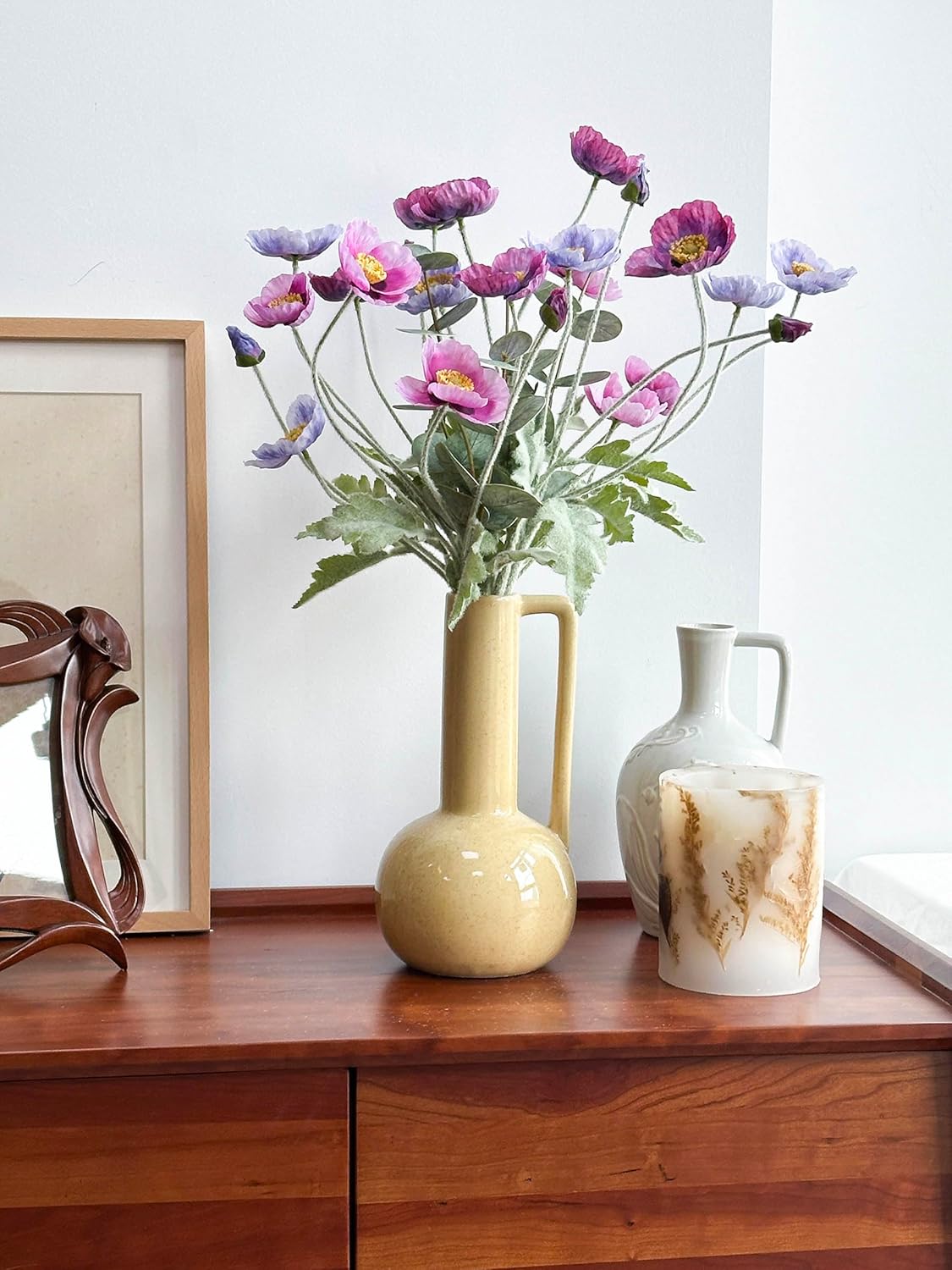 6 Long Stem Poppies Flowers Artificial and 2 Eucalyptus for Tall Vase, Realistic Silk Purple Flowers Fake for Indoor Home Centerpieces Tables Office Decor, Wedding Bridal Party Decorations